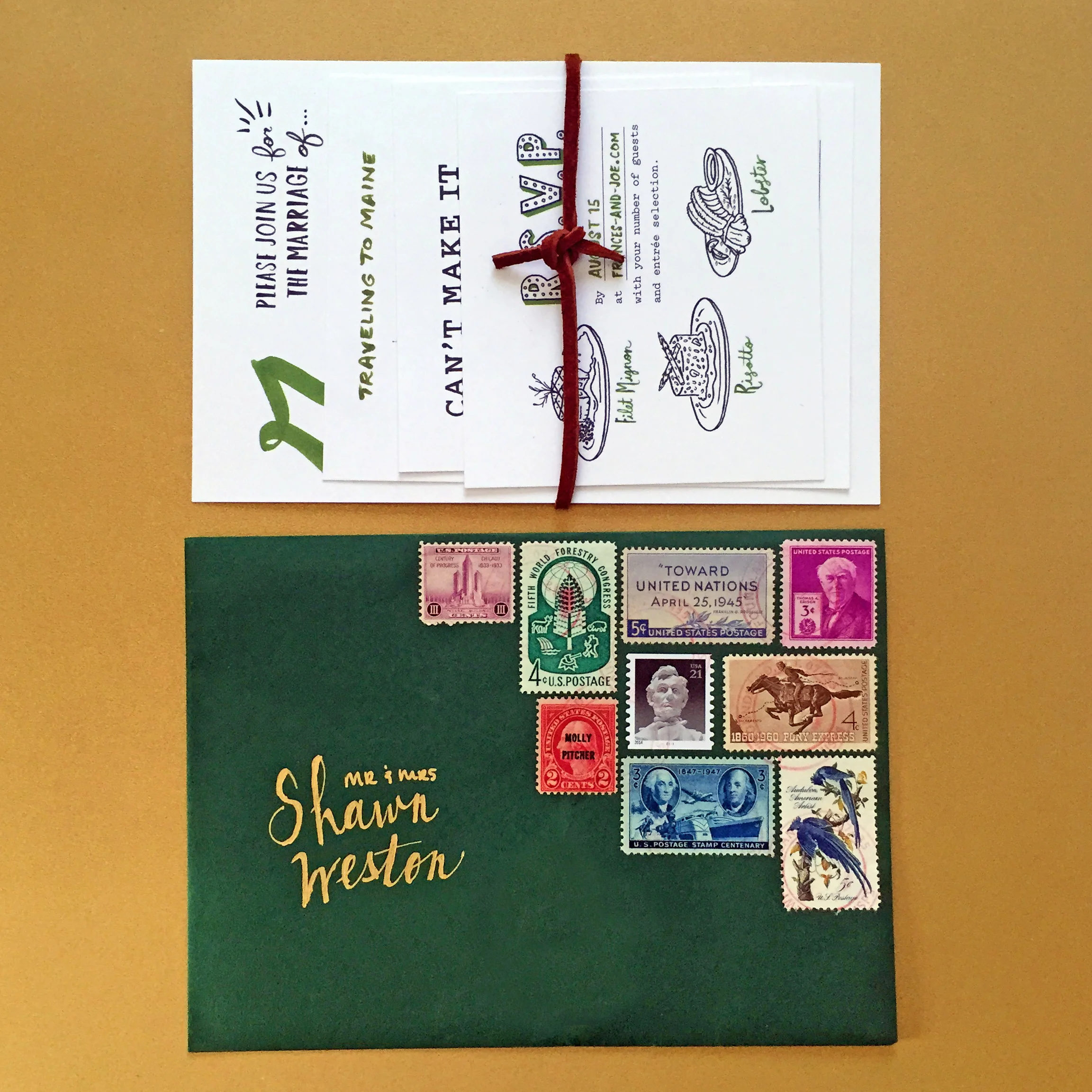 Out of the envelope came the suite of invitations wrapped in a rawhide string.