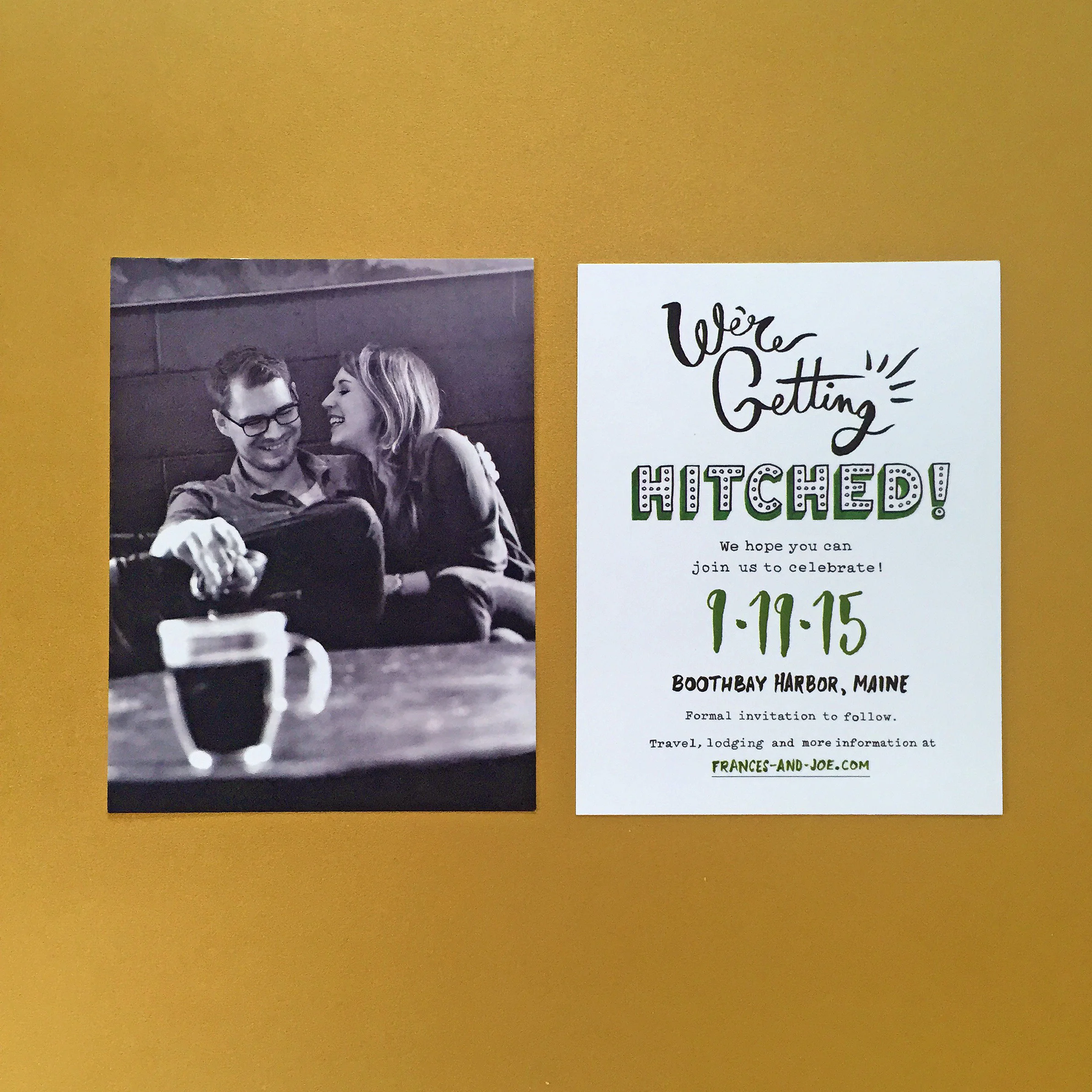 A version of the save-the-date card. Couple’s photo by Saed Hindash .
