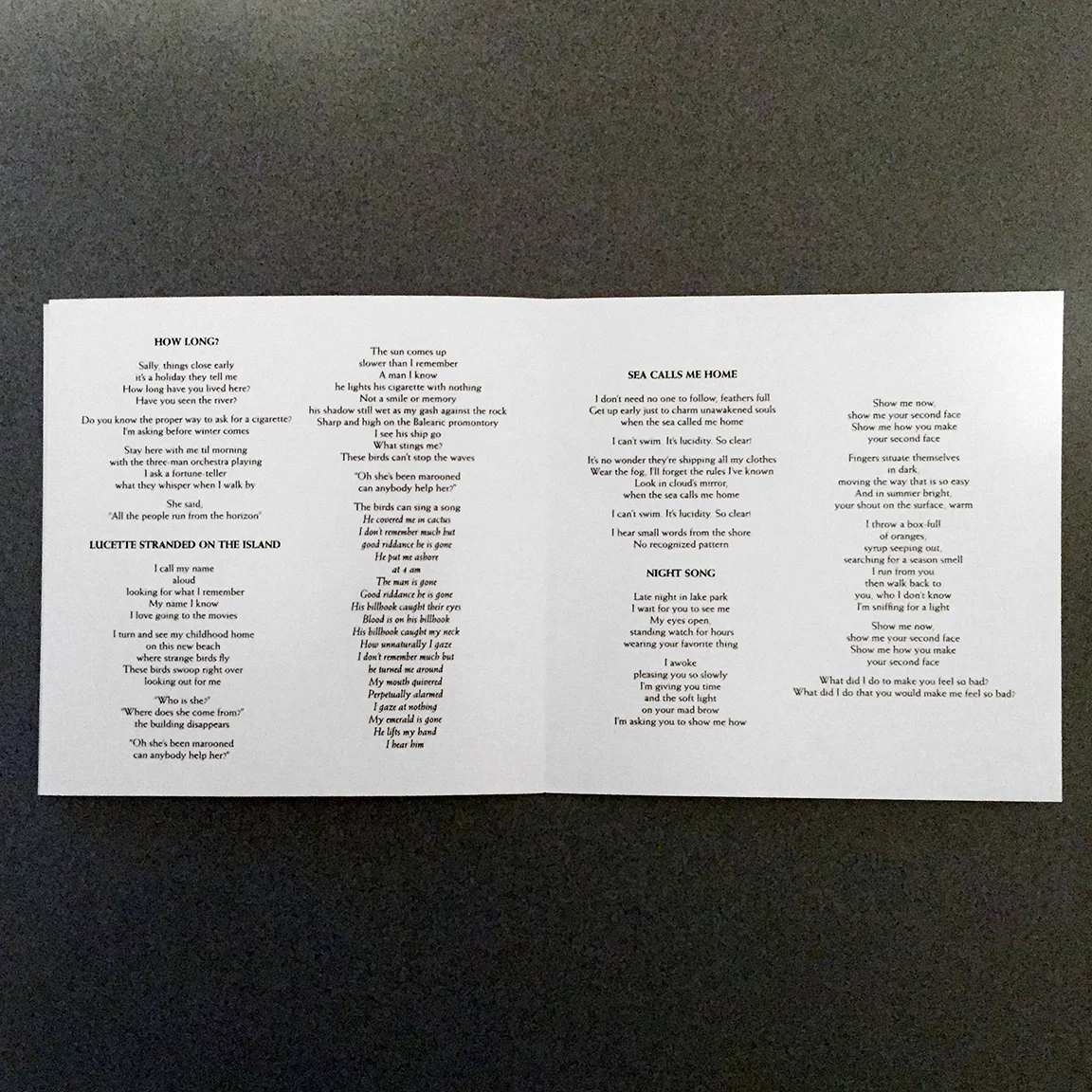 The inside-right and outside-right flaps of the reverse side of the quadfold liner notes.