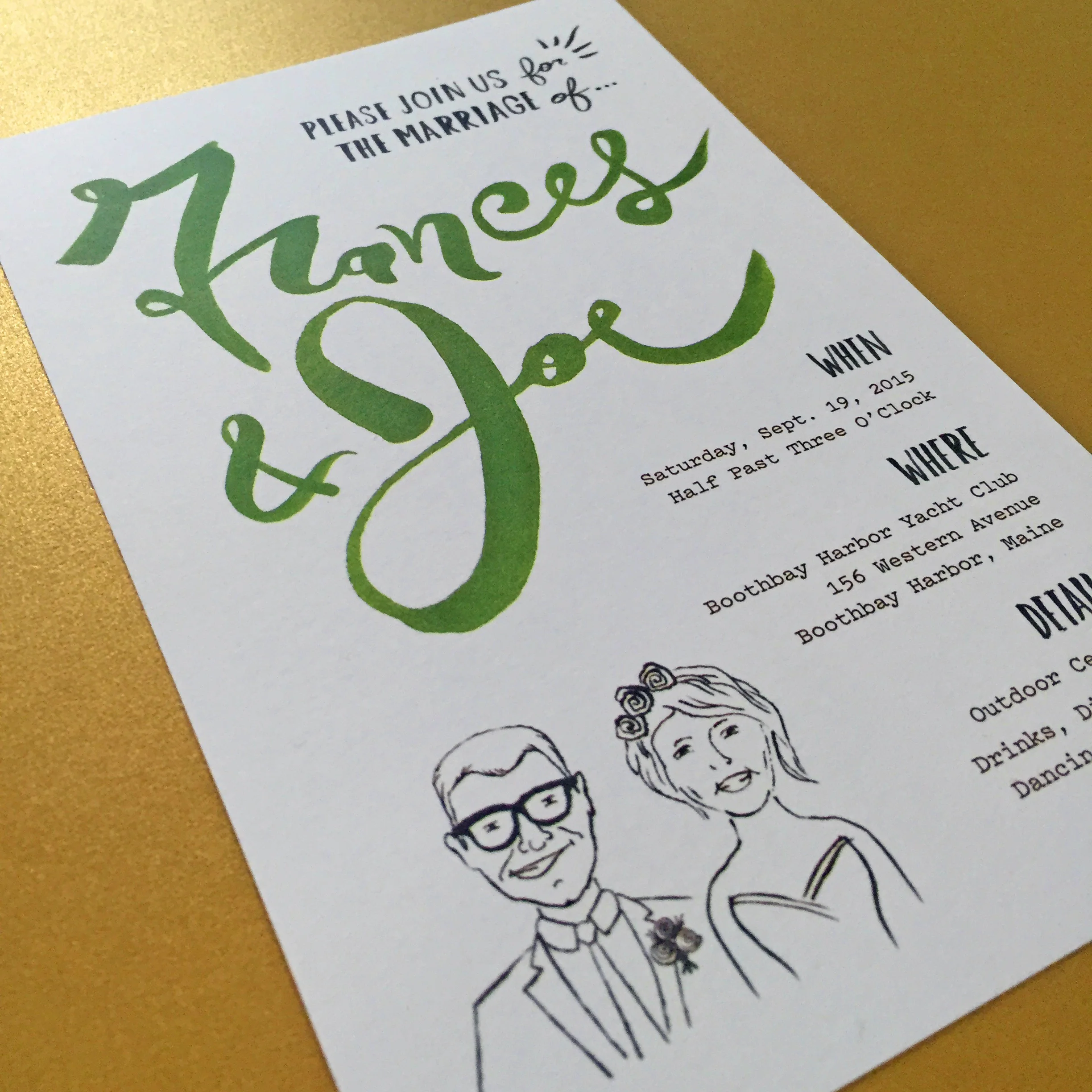 The formal invitation includes a fun illustration of the couple.