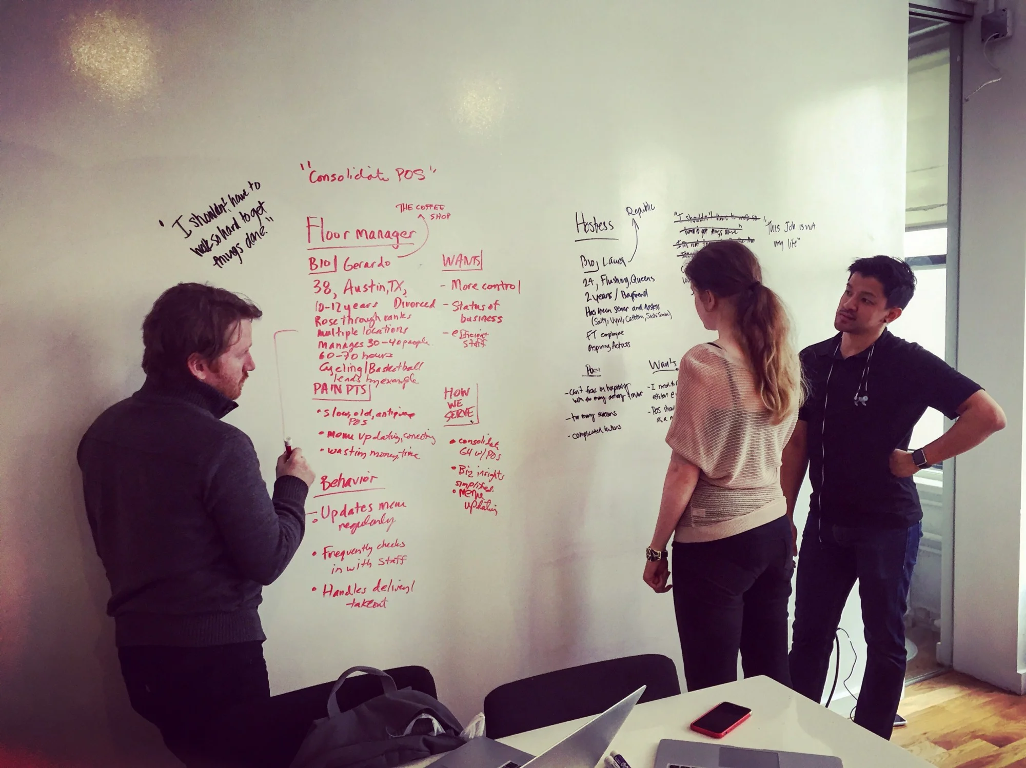 From left, me, Smriti and Chris in the process of creating two of the eventual three personas that would carry us through our design.
