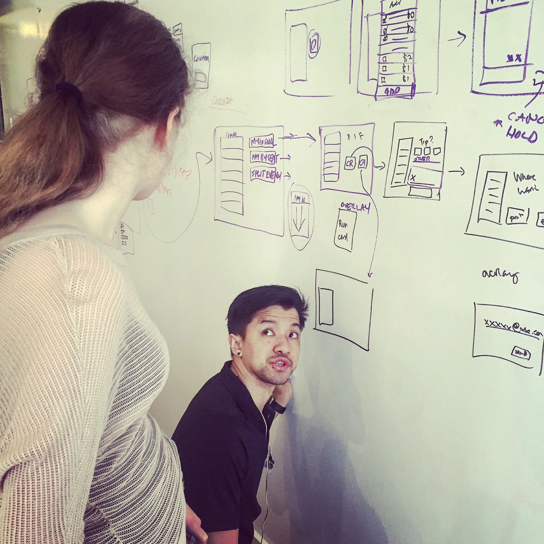 Smriti, left, and Chris sketch out design ideas for the new app. Below, all my sketches for the app.