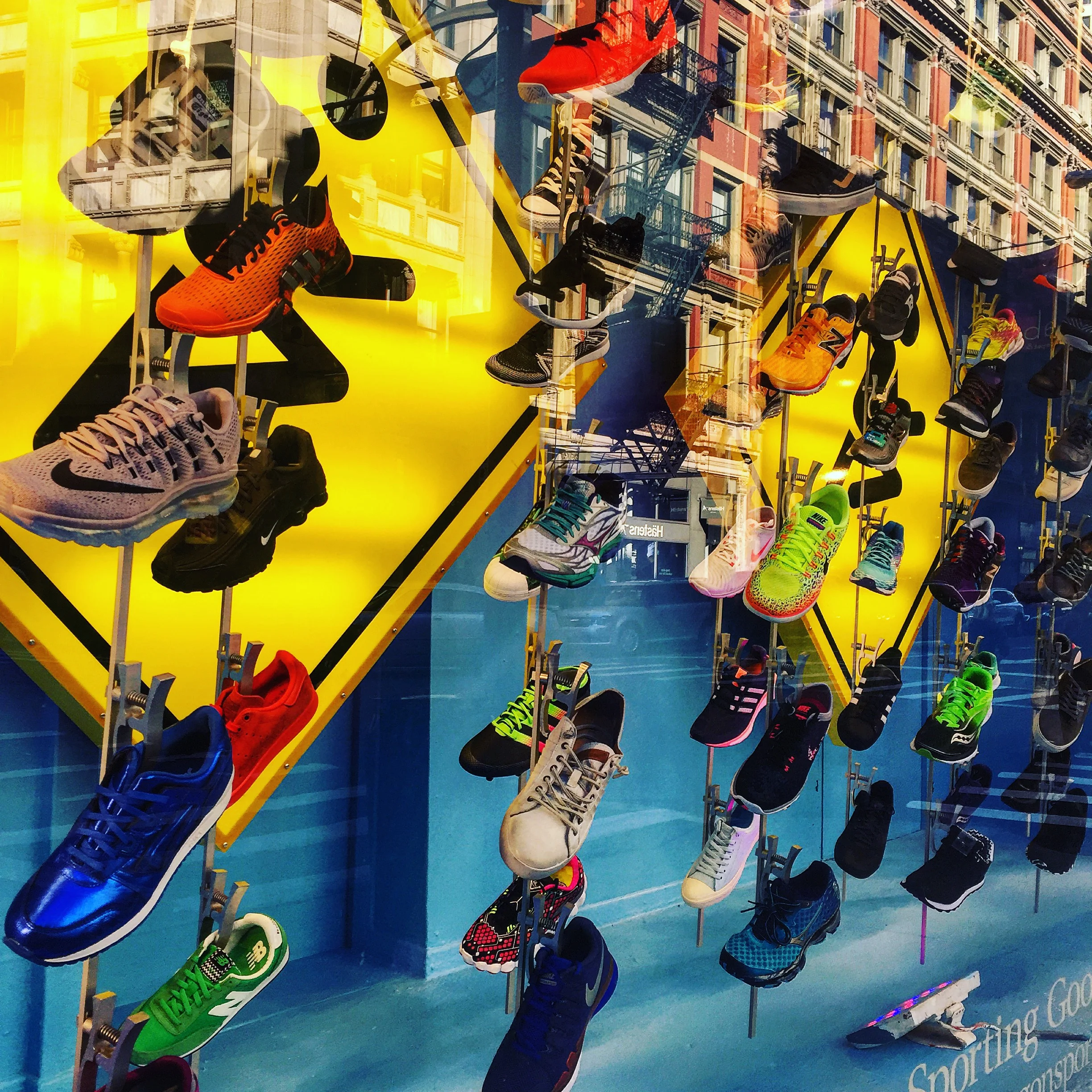 A display of running shoes outside of Paragon Sporting Goods Company in Union Square.