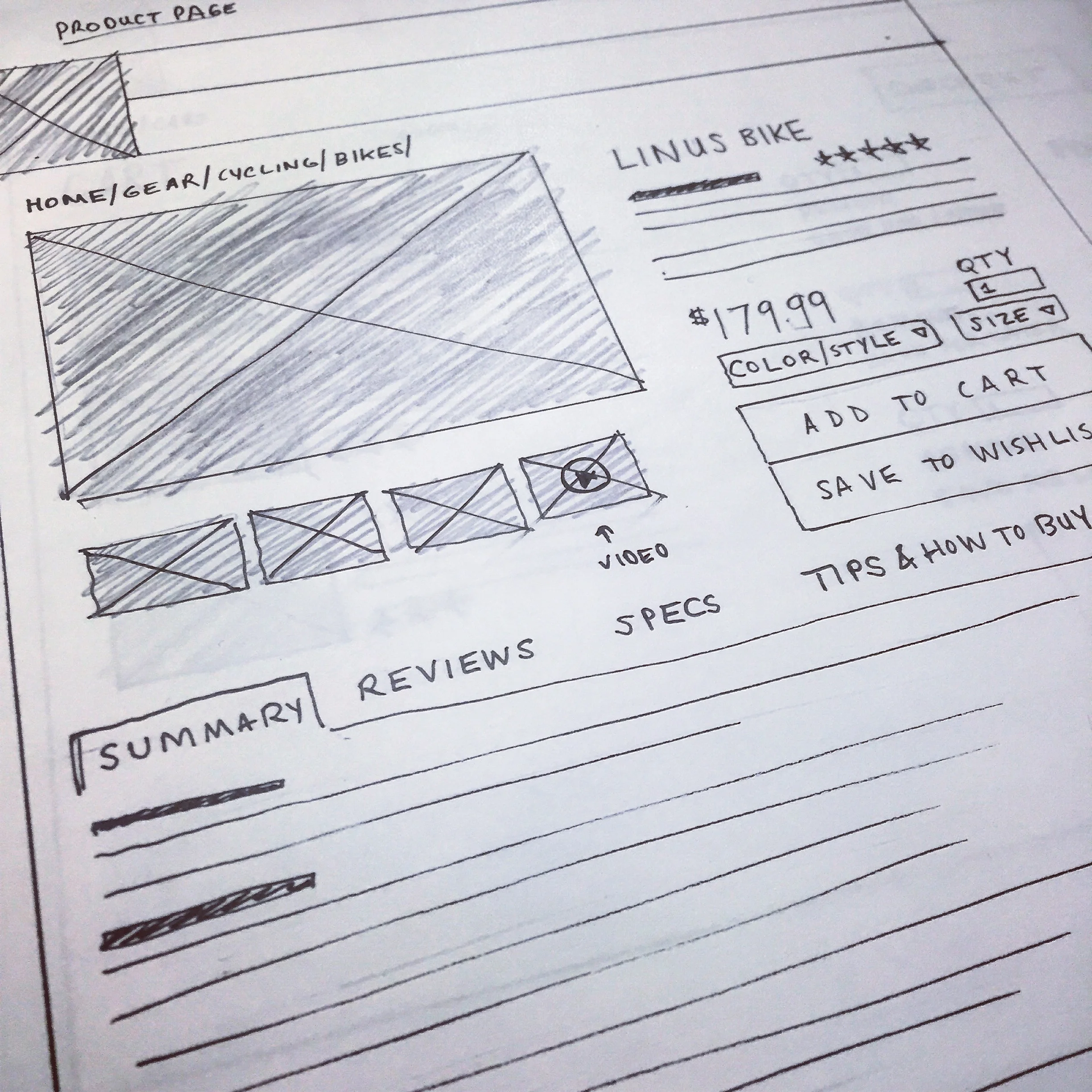 A closeup of a medium-fidelity sketch of a product page.