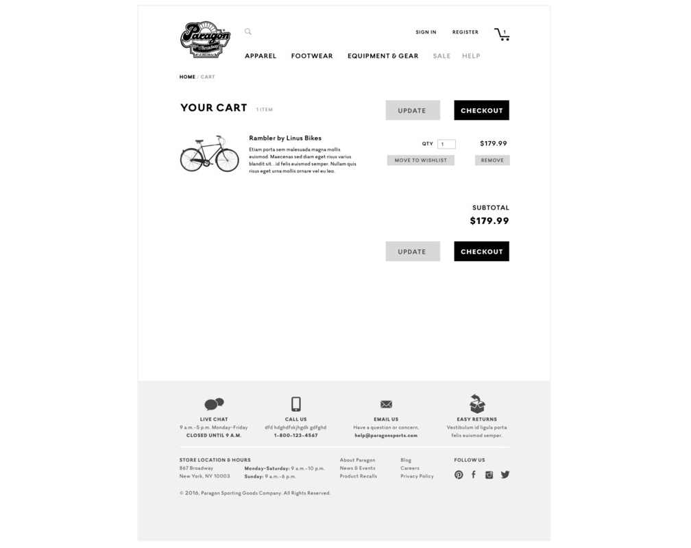 The cart page displays the item and a checkout call-to-action.