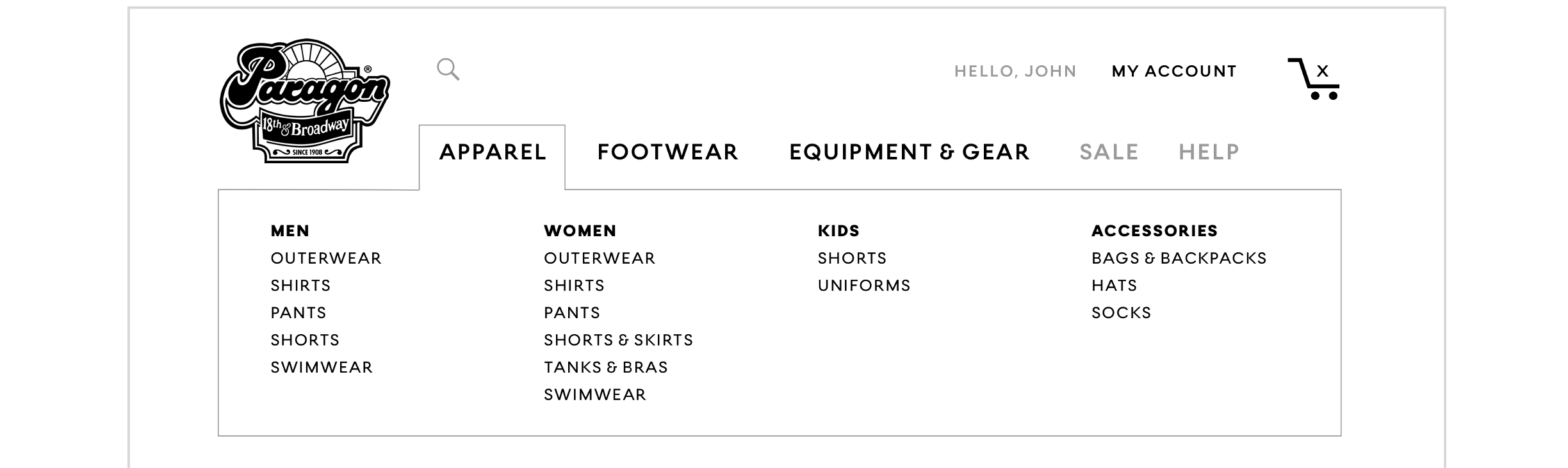 Top navigation includes “Apparel” dropdown.