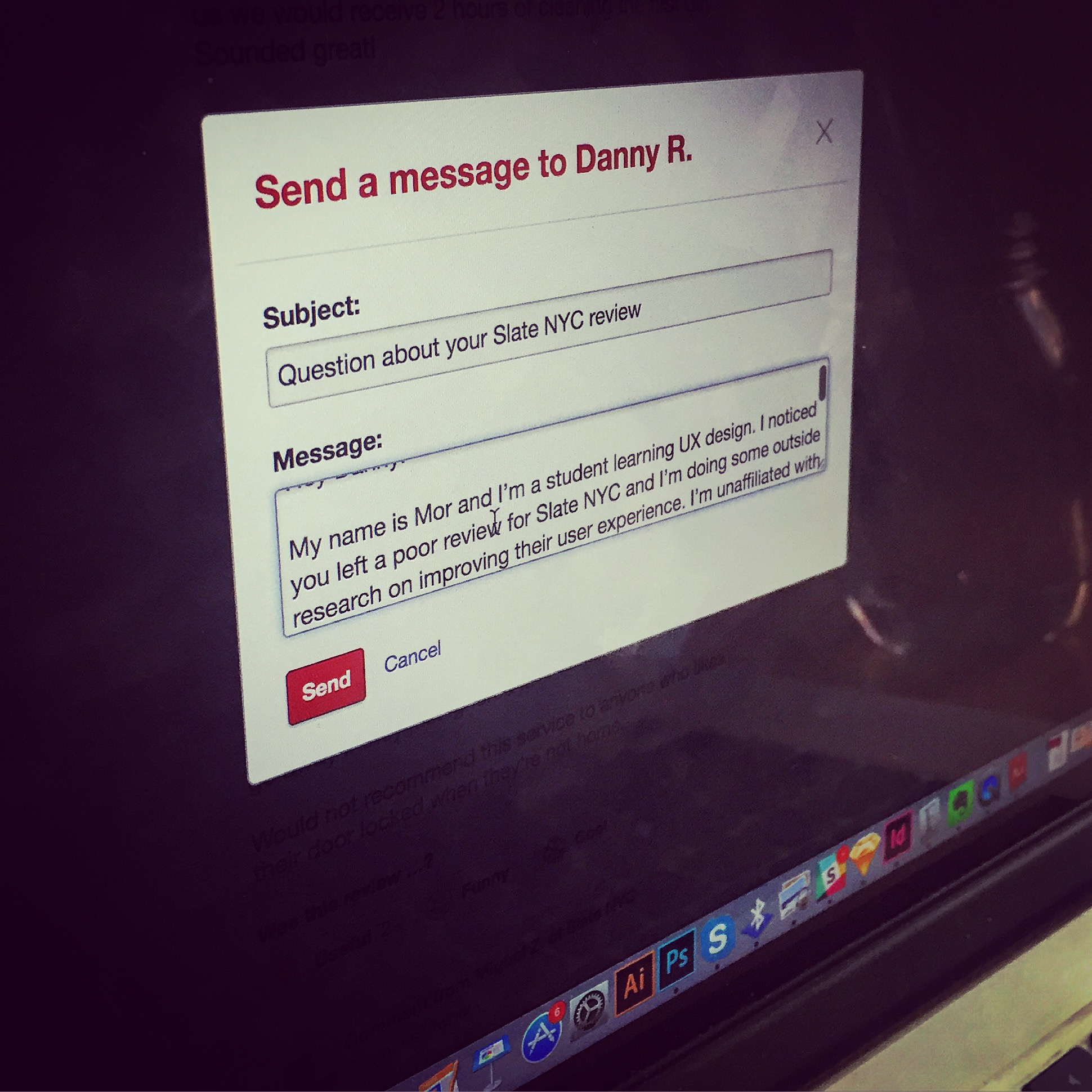 Mor sends a request to interview Danny R., who reviewed Slate on Yelp.