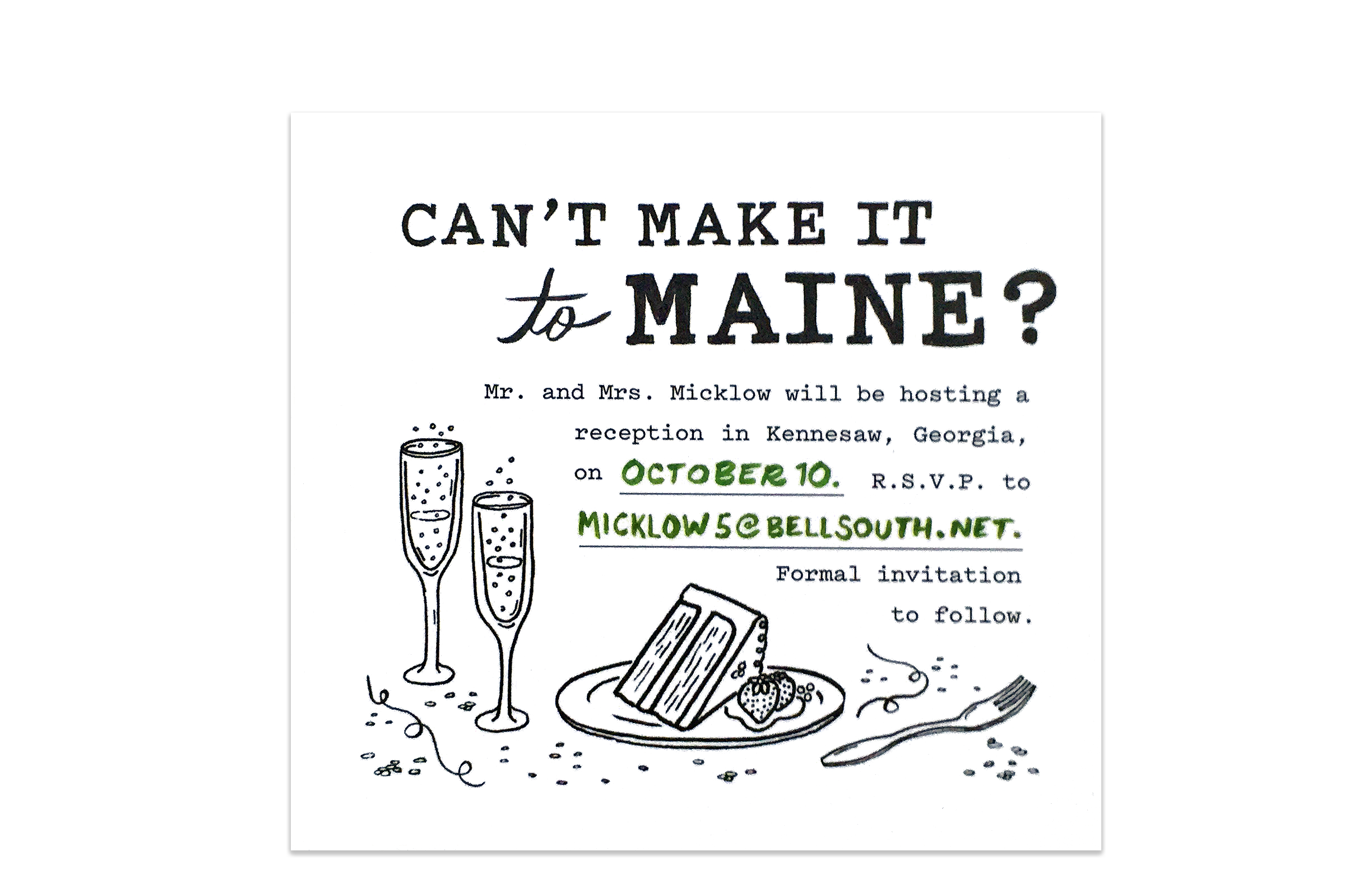 The secondary “Can’t Make it to Maine” card for those who couldn’t make it to the wedding.