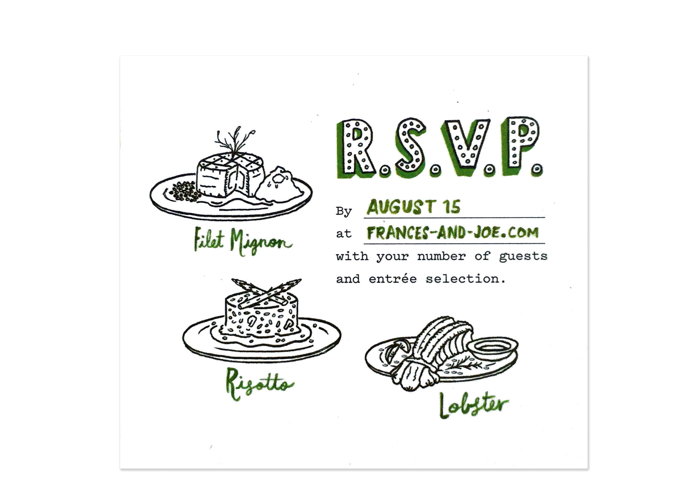The R.S.V.P. card, with hand-drawn menu items.