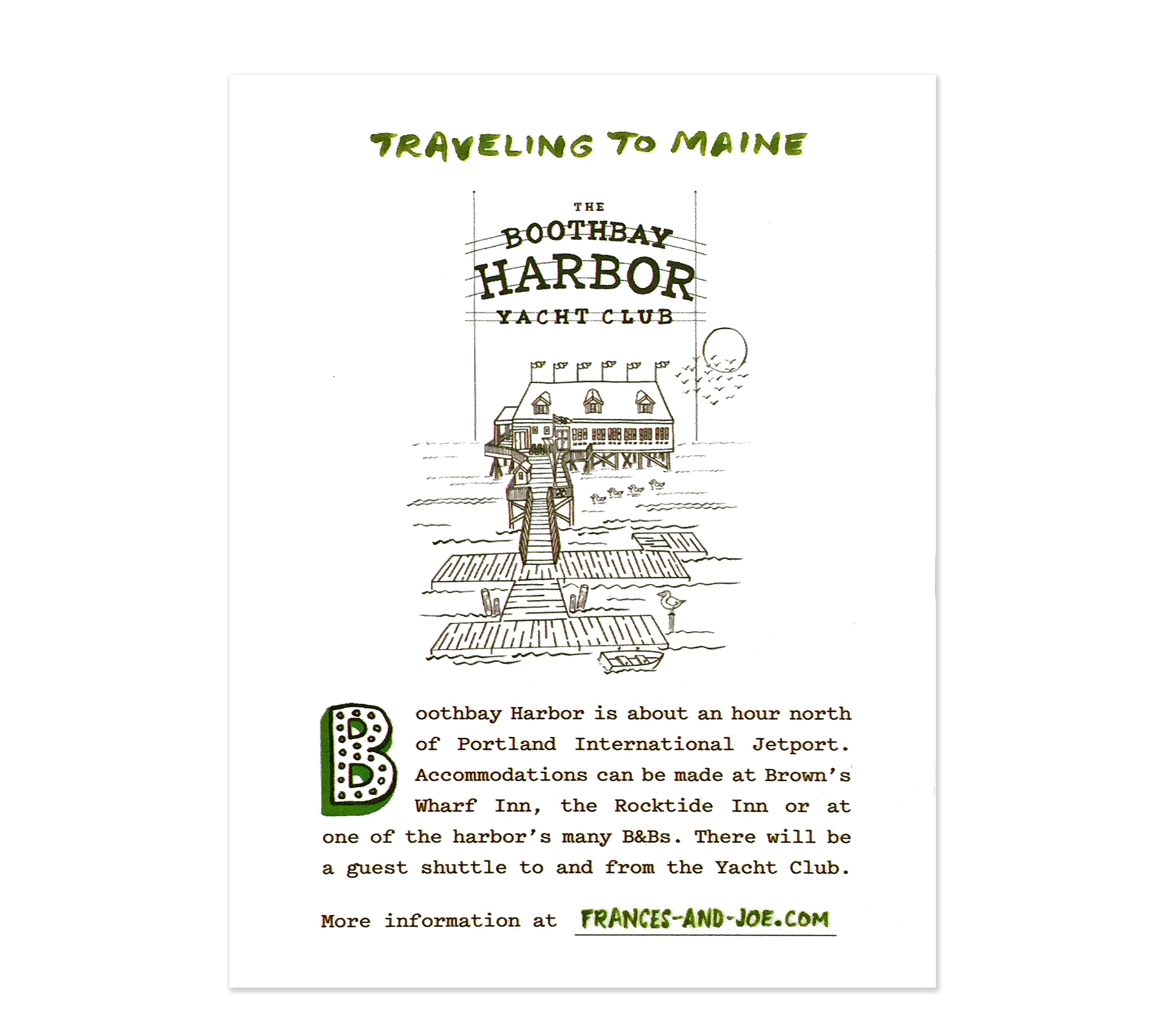 The “Traveling To Maine” card includes directions to the wedding site.