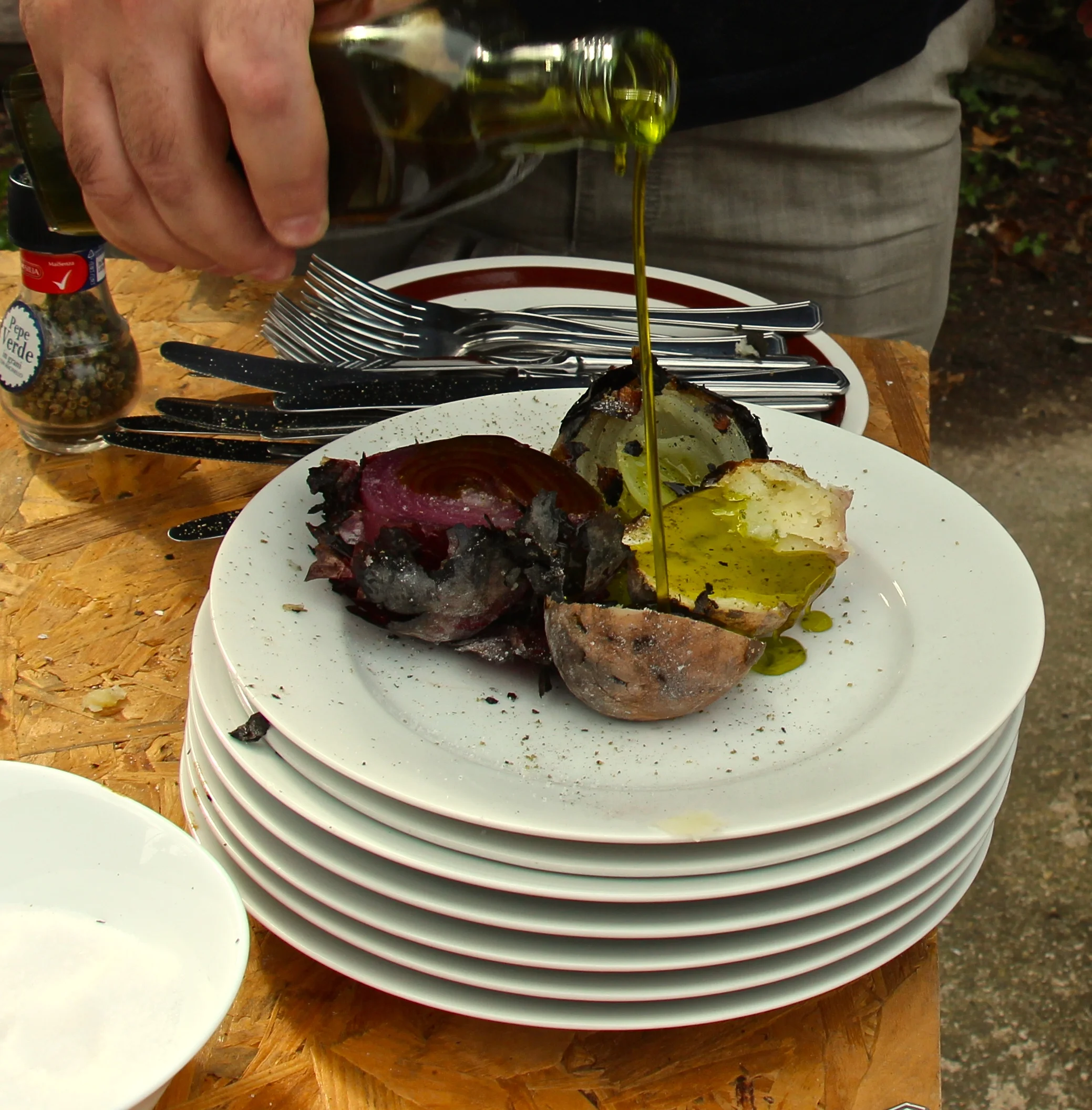 Simple perfection: Charred Colfiorito Potatoes and Cannara Onions, Salt, Pepper and new Olive Oil. Frantoio Cipolloni, Foglino