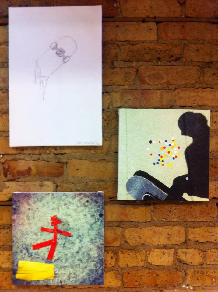 Top left: Skate Blood drawing - Medium: print on canvas, pencil - Corinne Séguin (2010) Bottom left: Stick & Sk8 fine art & photography - Medium: print on canvas, tape, wire - Corinne Séguin (Paris, 2013) Right: Gambling at 3rd & Army photography - Medium: print on canvas, iphone - Corinne Séguin (SF, 2012)