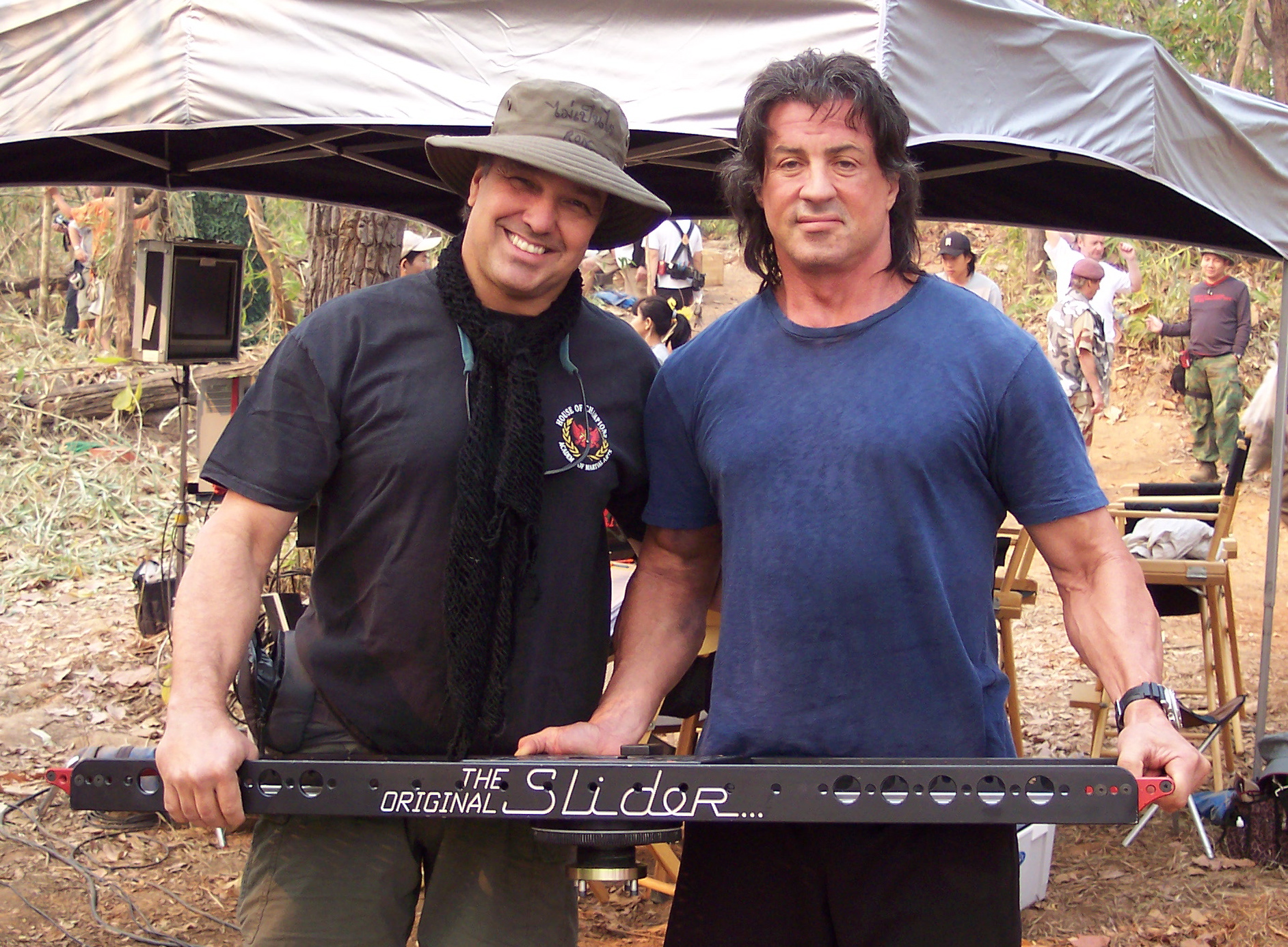 Ron and Sly Stallone on the set of John Rambo, in Northern Thailand. Sly is holding up our "Original" Slider