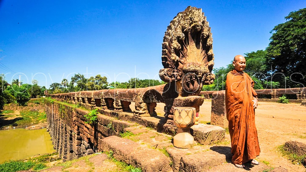 Cambodian Monk by old bridge, Siam Reap, Cambodia