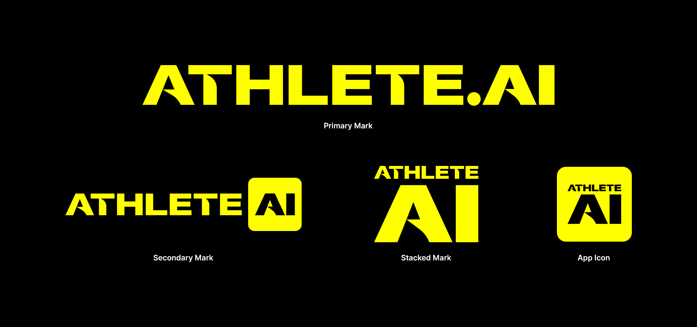 Graphic showing different logo designs for ATHLETE.AI, including primary, secondary, stacked marks, and app icon, all in bold yellow text on a black background.