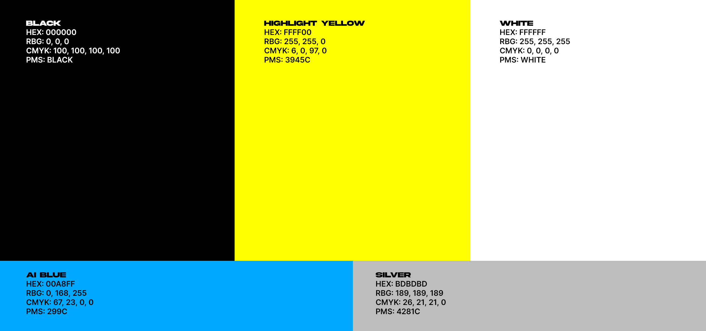 A color palette guide with six color blocks labeled Black, Highlight Yellow, White, AI Blue, Silver, with their respective hex, RGB, CMYK, and PMS codes.