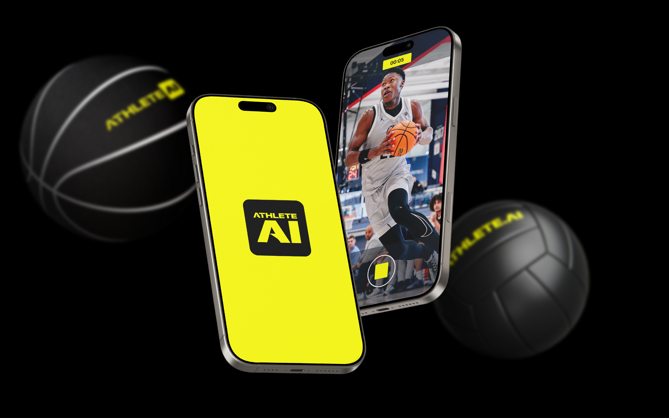 Two smartphones displaying an athlete and the app logo 'Athlete AI,' with two basketballs in the background, one labeled 'ATHLETE AI.'