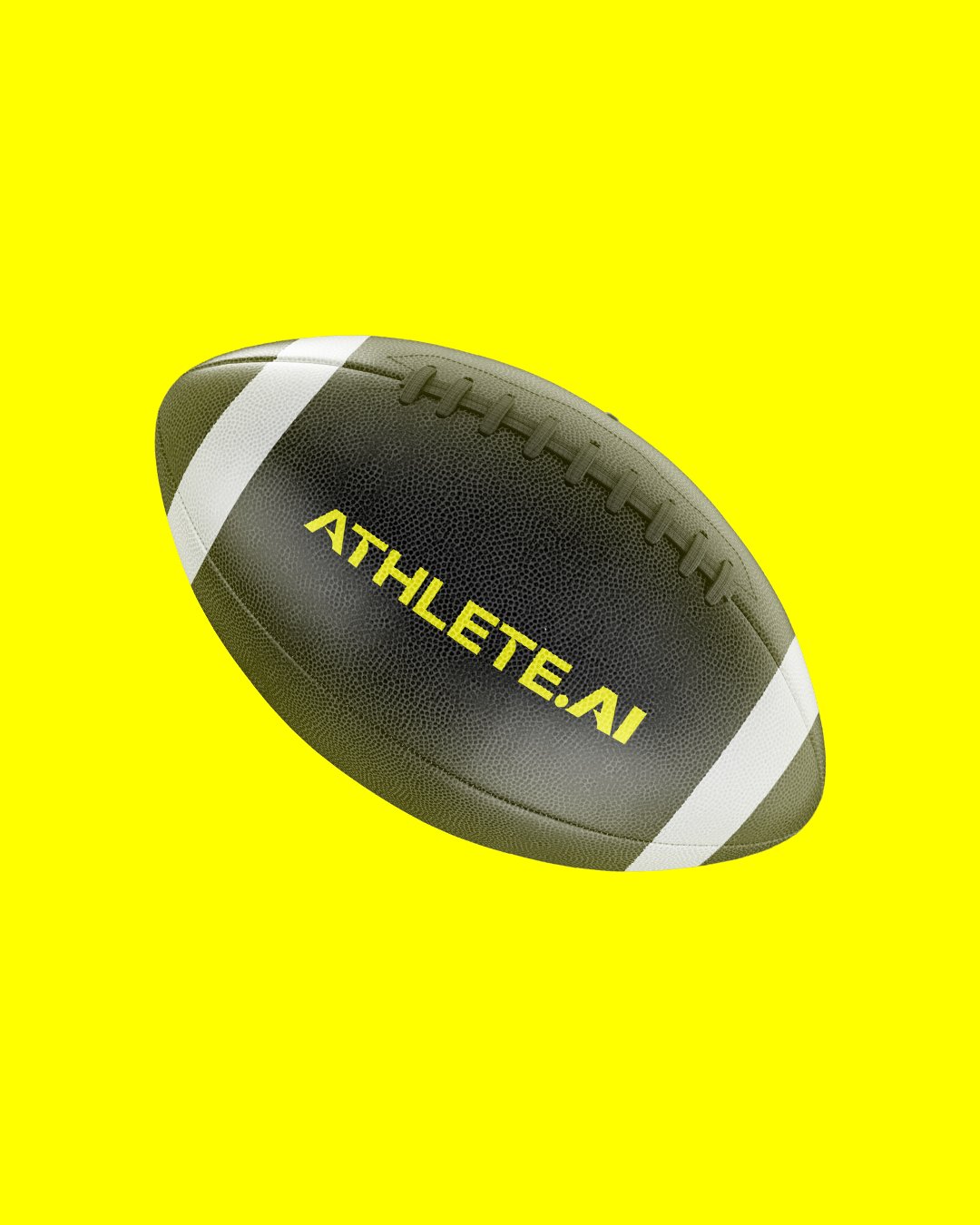 A black and white American football with the word 'ATHLETE.AI' printed on it, set against a bright yellow background.
