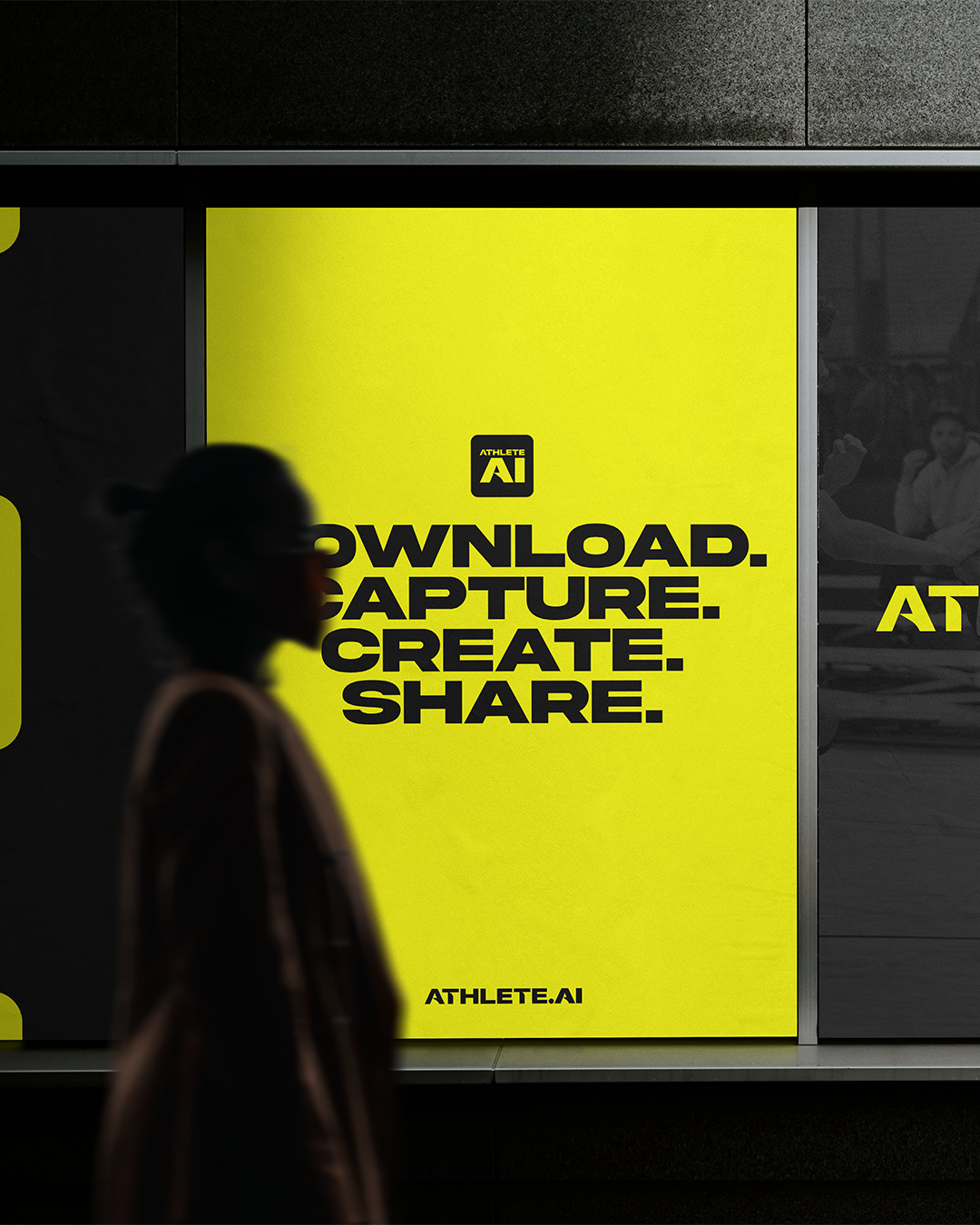 A yellow advertisement poster with black text for Athlete.ai, featuring the words 'Download. Capture. Create. Share.' with a person's silhouette walking in front.