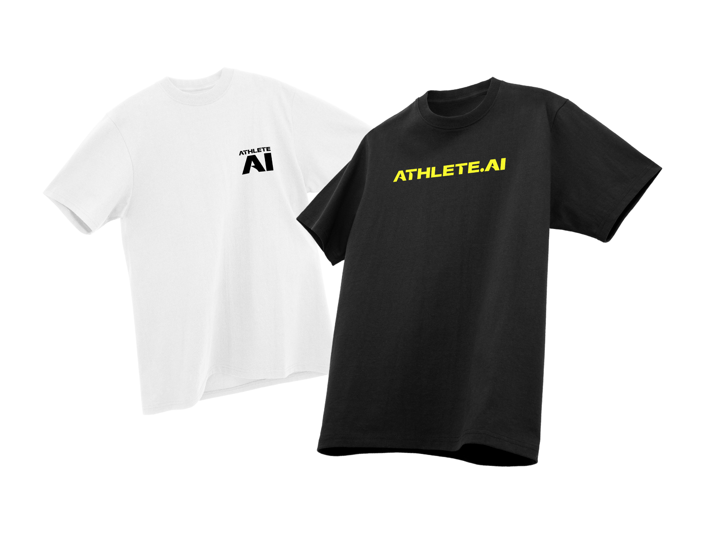 Two T-shirts, one white and one black, with 'ATHLETE.AI' printed on the front in black and yellow respectively.