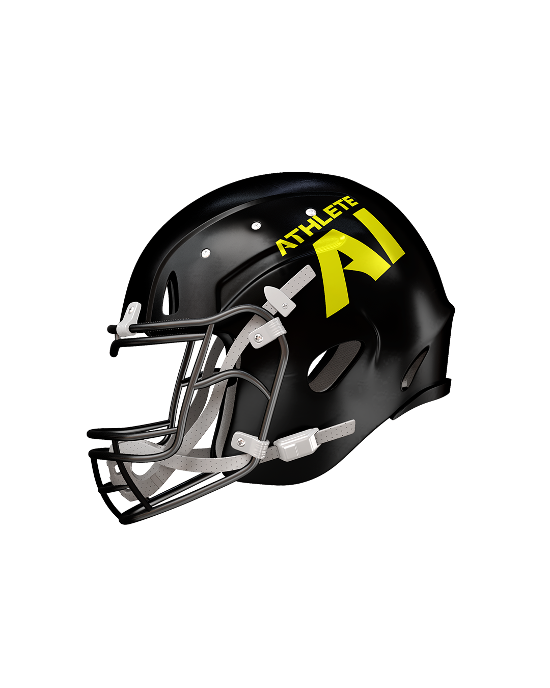 A black American football helmet with yellow branding and faceguard.