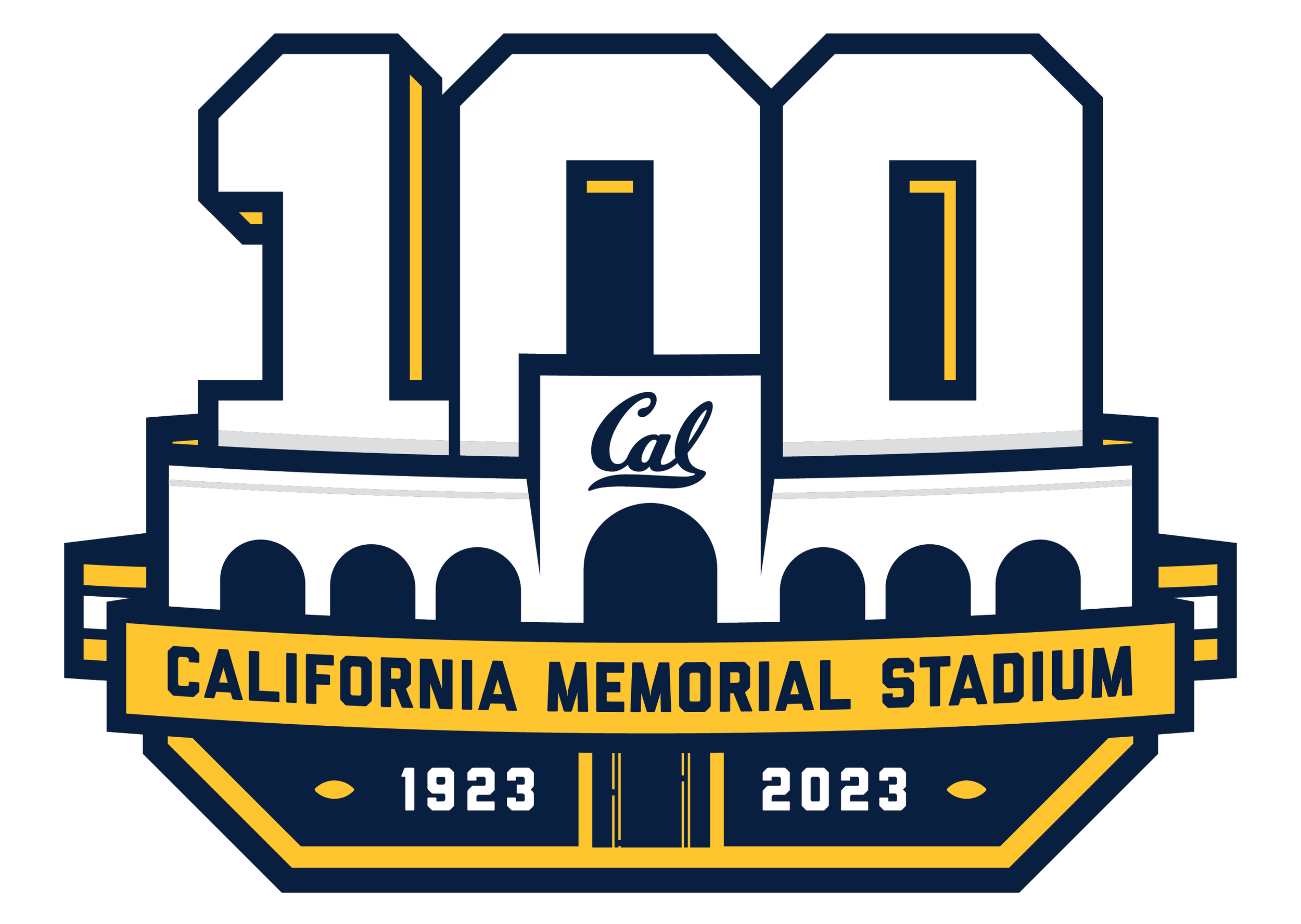 A graphic celebrating 100 years of California Memorial Stadium, with the years 1923 and 2023. The design features the front view of California school's football stadium with arches, a large number 100, and the California logo, along with a banner that reads 'California Memorial Stadium'.