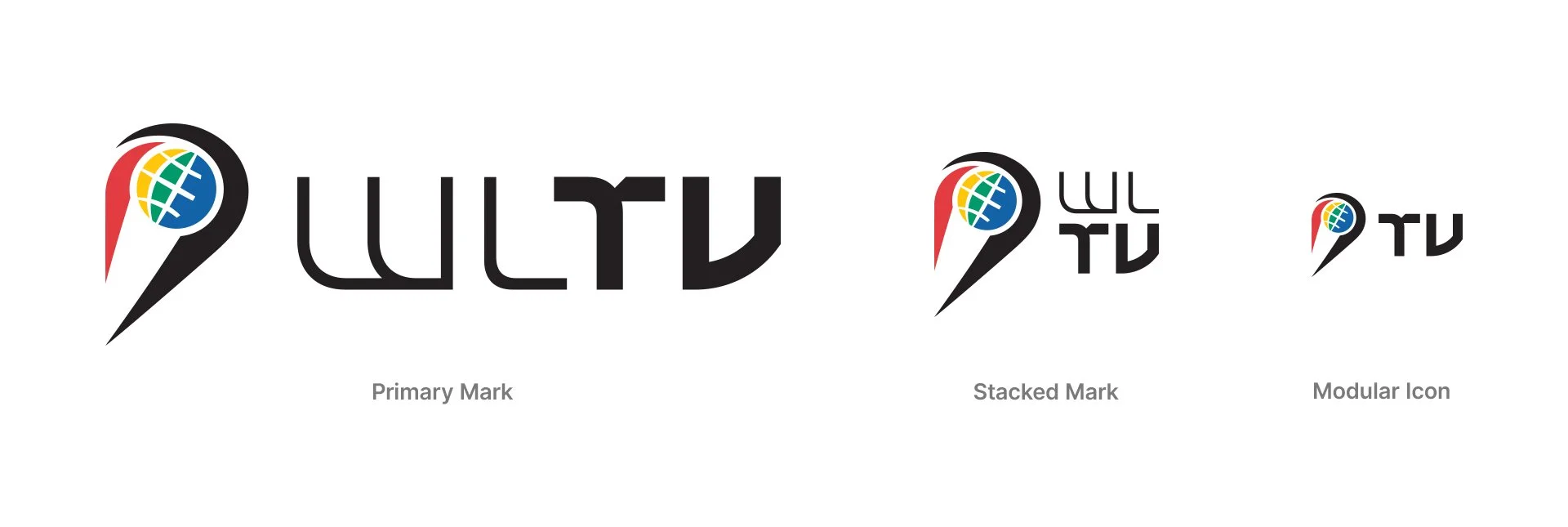 Comparison of logo variations: primary mark, stacked mark, and modular icon, all featuring a globe with multicolored segments and a red and black location pin.