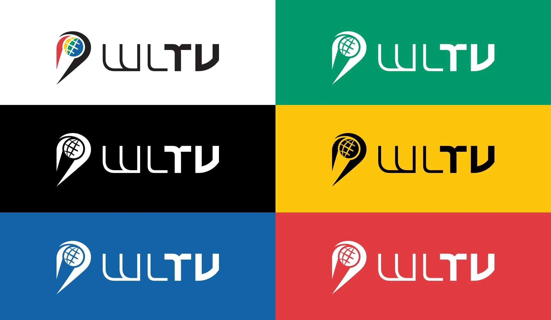 Six colored quadrants, each containing a logo with a stylized speech bubble and a globe, accompanied by the text WLTY in different colors: white on gray, green on green, white on black, black on yellow, white on blue, and white on red.