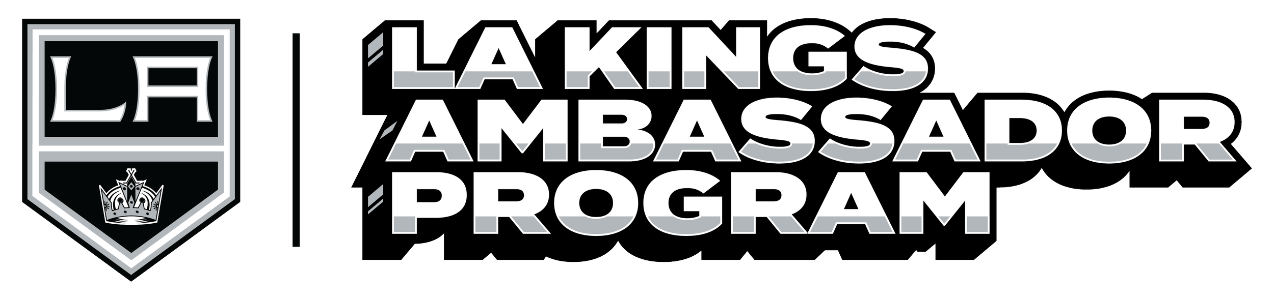 LA Kings logo with a shield emblem featuring a crown and the text 'LA LOS ANGELES KINGS' beside a large bold text that reads 'LA KINGS AMBASSADOR PROGRAM'.