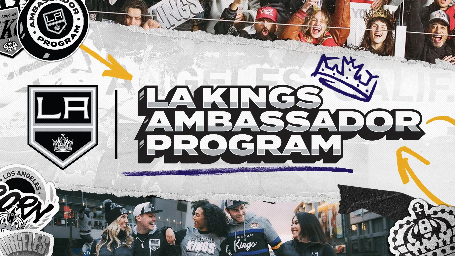 Group of people smiling and talking, bundled in Los Angeles Kings hockey jackets, with a background of an outdoor setting and spotlights.