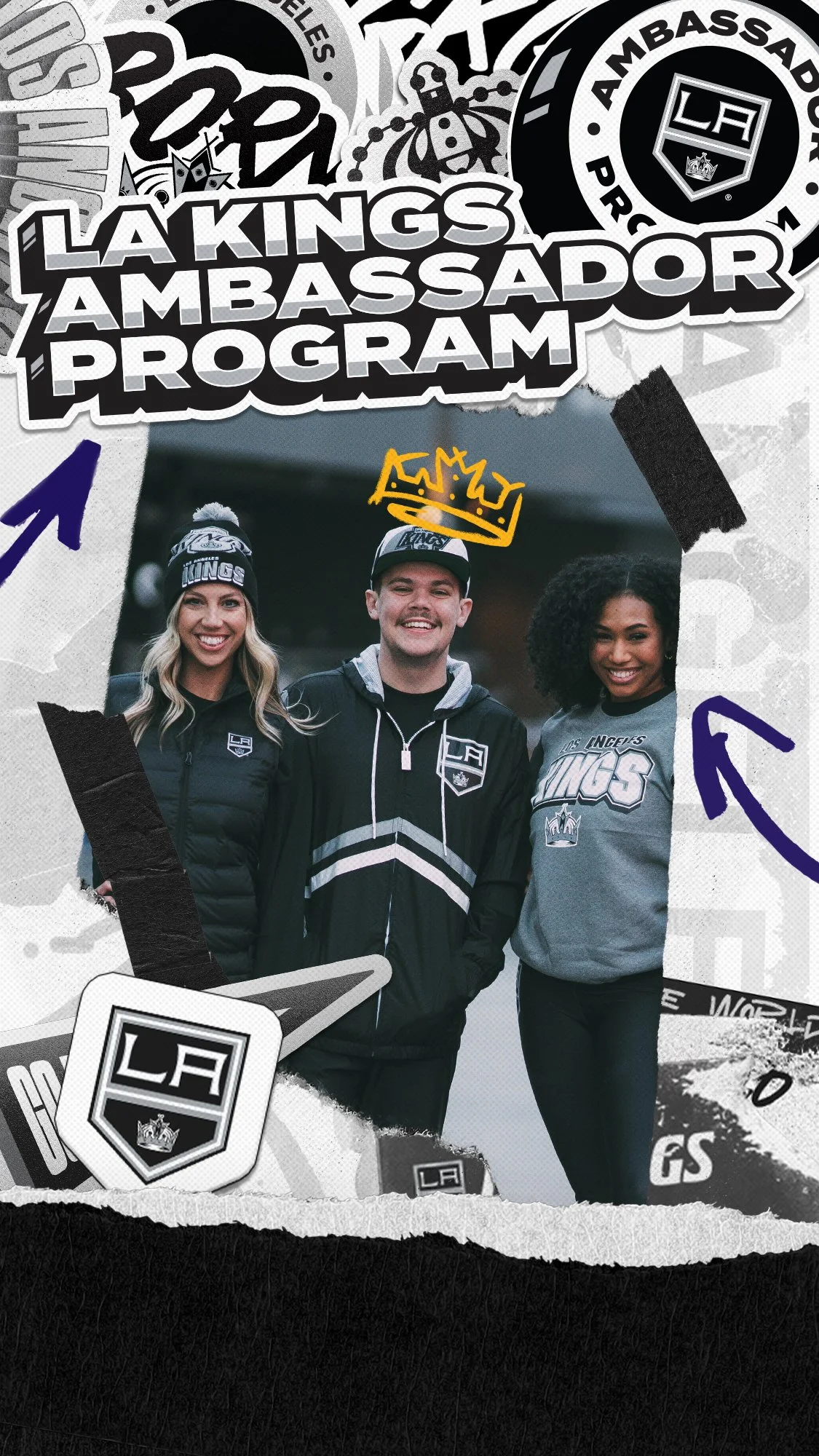A photo of three people smiling, wearing Los Angeles Kings apparel, with doodles and stickers related to the Kings and their ambassador program, including the Kings logo and a crown, on a collage-style background.