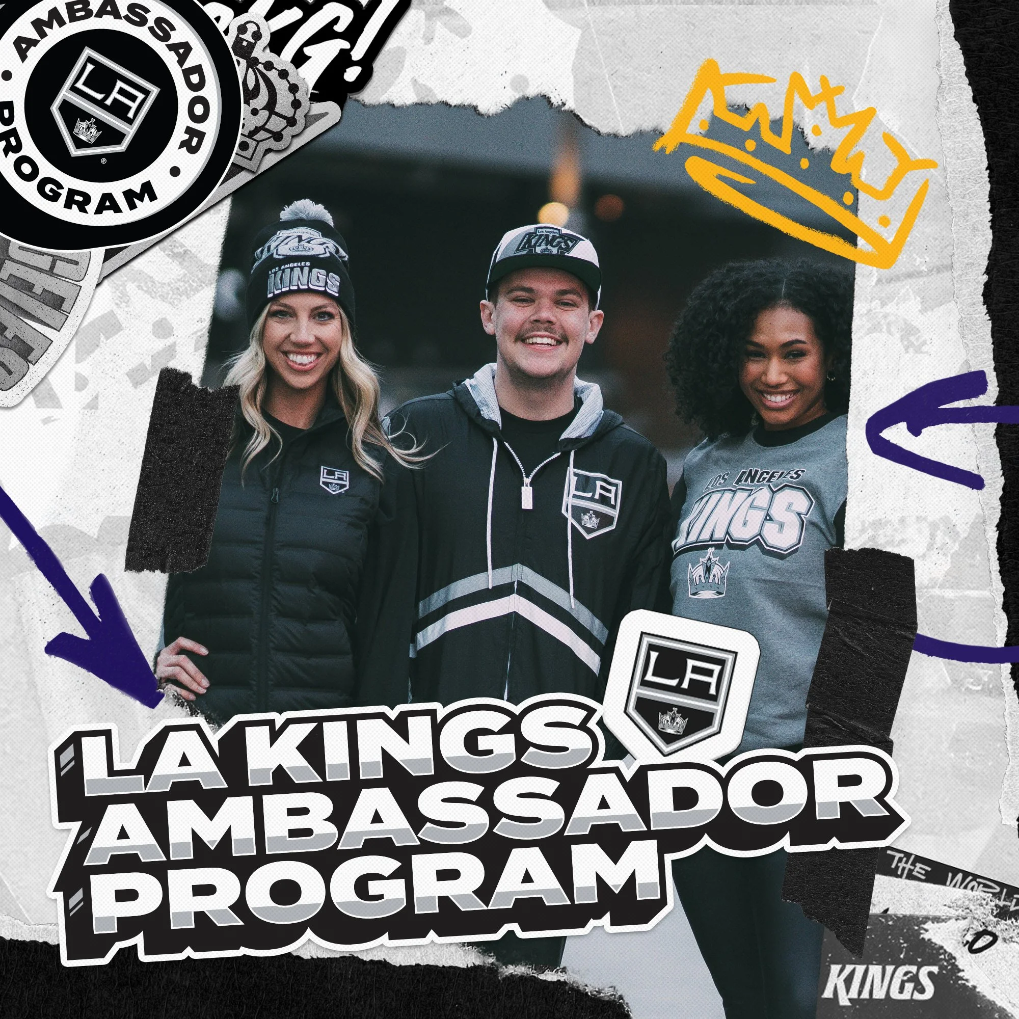 Three young people wearing Los Angeles Kings apparel, smiling and standing outdoors, with promotional text and graphics for the Los Angeles Kings Ambassador Program.