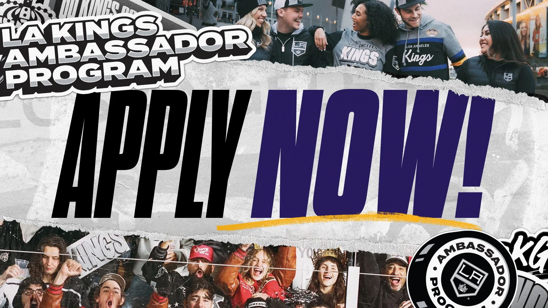 Group of diverse people smiling and celebrating outdoors, wearing Los Angeles Kings apparel, promoting the Kings Ambassador Program with bold text 'Apply Now!' and the Kings logo.