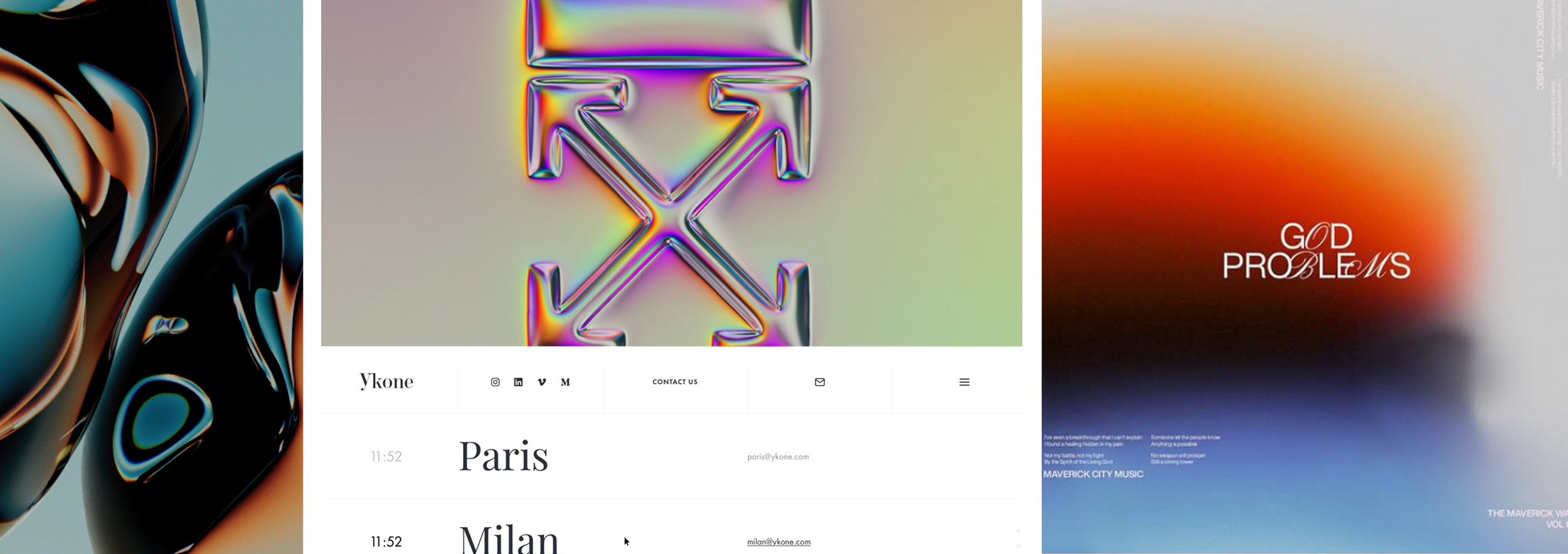 Abstract digital artwork featuring colorful, glossy, metallic-like shapes and patterns with text overlays that include 'GOD PROBLEMS' and contact information for Ykone, a website with a menu for locations such as Paris and Milan, and a section with music references.