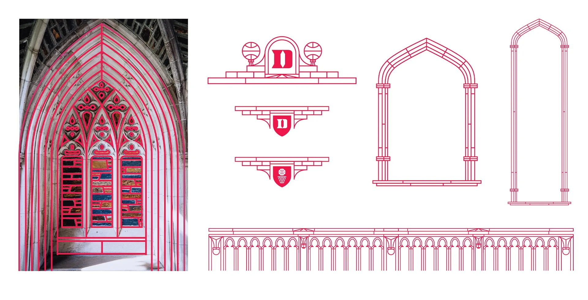 Photo of a gothic-style cathedral entrance with a temporary bright pink metal construction covering, alongside architectural detail drawings of the window and decorative elements.