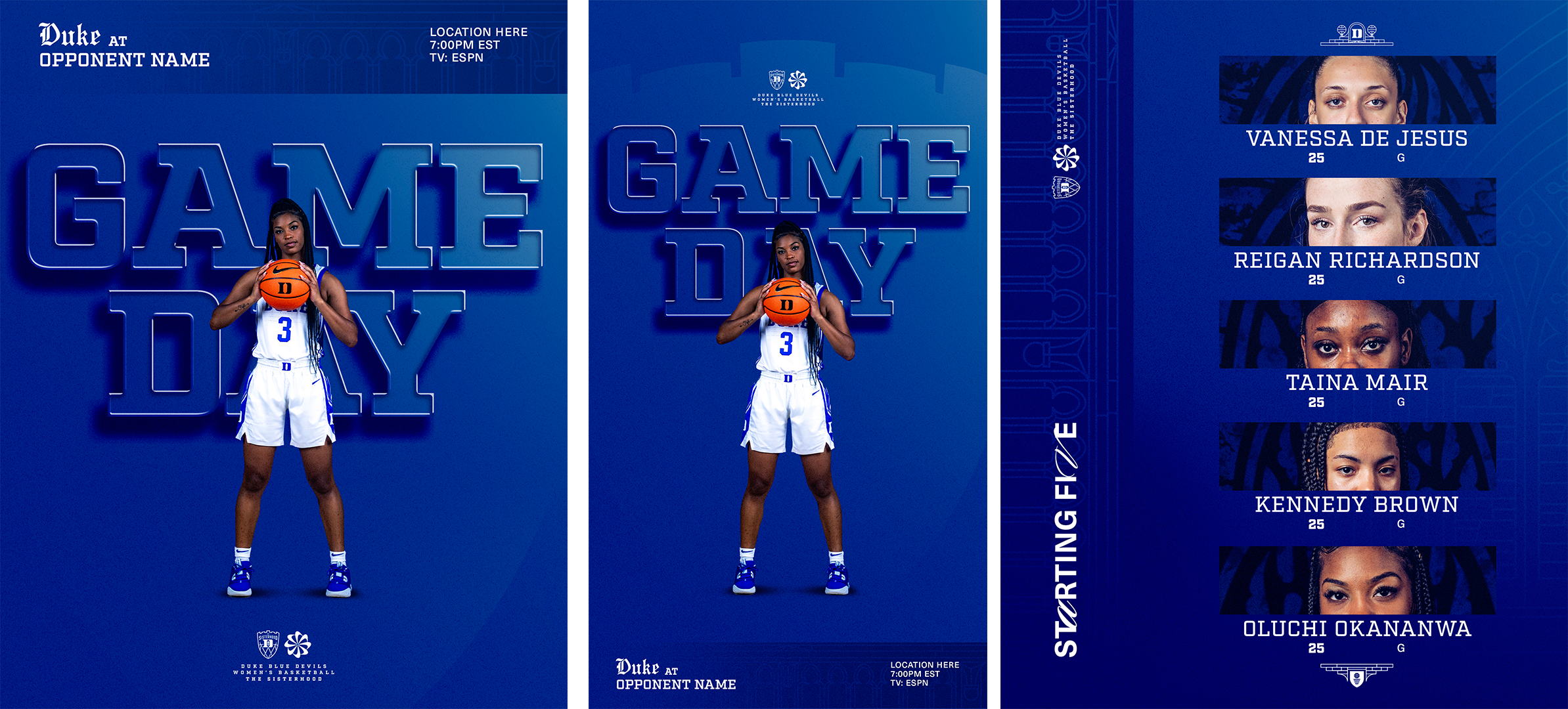 A digital graphic design poster celebrating a women's basketball game day for Duke. It features two women basketball players in white and blue uniforms, holding a basketball, standing in front of a blue background with large text that reads 'GAME DAY'. On the right side, there is a roster of five players with their names, photos, ages, and positions, including Vanessa de Jesus, Reigan Richardson, Taina Mair, Kennedy Brown, and Oluchi Okananwa. The poster also mentions the game location, time, TV channel, and has Duke University logos and decorative elements.