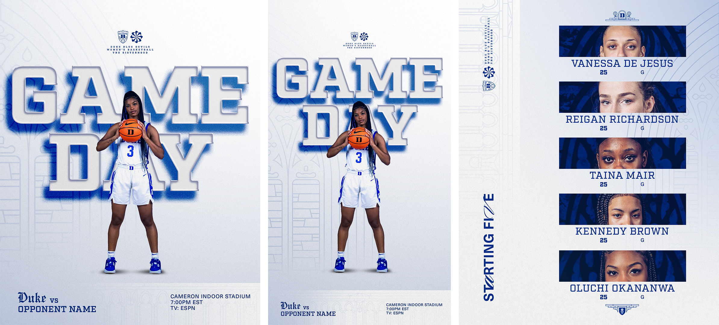 Basketball game day ticket featuring a female player holding a basketball, with text 'Game Day' and a list of player photos and names.