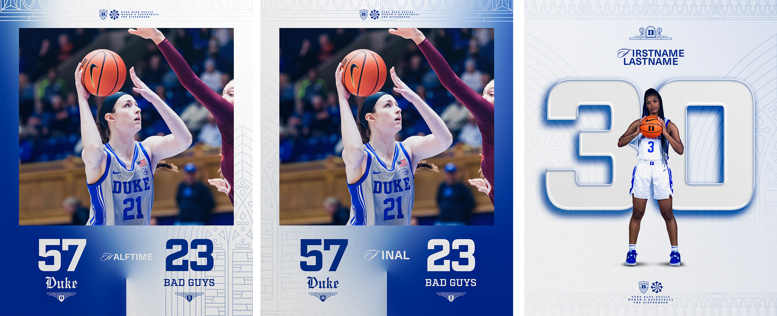 Celebration of a Duke women's basketball game, featuring the final score 57-23, with player number 21 taking a shot and wearing a Duke uniform, and a large graphic of the number 30 with a girl in a Duke jersey holding a basketball.