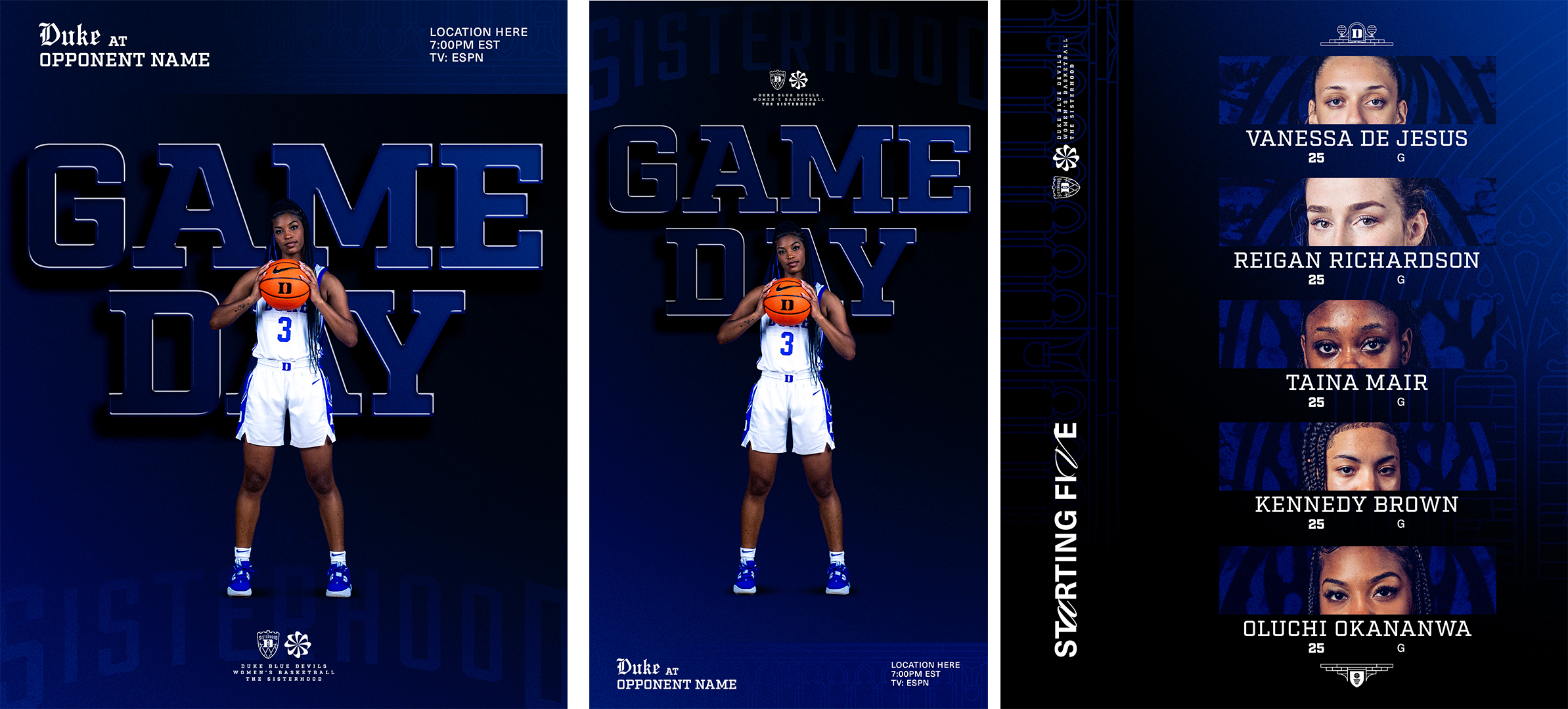 Duke women's basketball team graphic with a player holding a basketball, path to the game day, team roster, and scheduling details in blue and white.