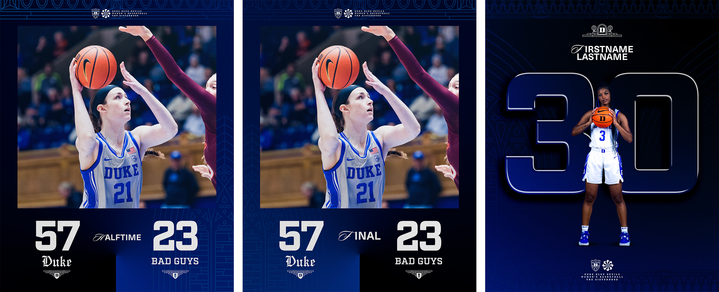 Two scoreboard images from a women's college basketball game between Duke and a team called Bad Guys. The first scoreboard shows Duke winning 57-23 with 2 minutes left in the game, and the second shows the final score with Duke winning 57-23. The third image shows a female Duke player holding a basketball.