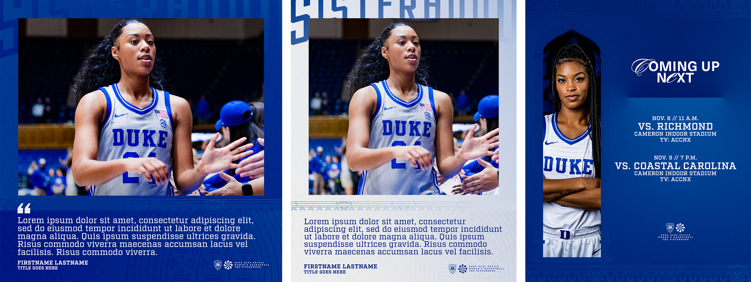 Collage of two photos of a female basketball player from Duke University in a blue and white uniform, with game information and future game schedule on the side.
