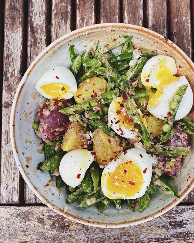 Lunch. @jj__mc&rsquo;s Sugar Snap Pea &amp; New Potato Salad with Soft-Boiled Eggs &amp; Sardines. #honestmagazine #sixseasons #f52gram