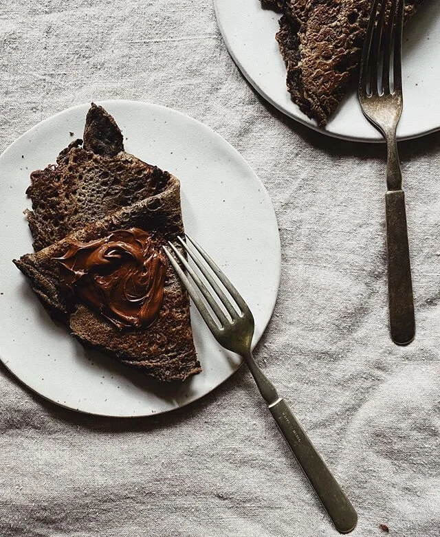 French Buckwheat Cr&ecirc;pes with Nutella. A recipe in a coming issue on Ancient Grains. #honestmagazine #crepes #crepesnutella #food52 #eeeeeats