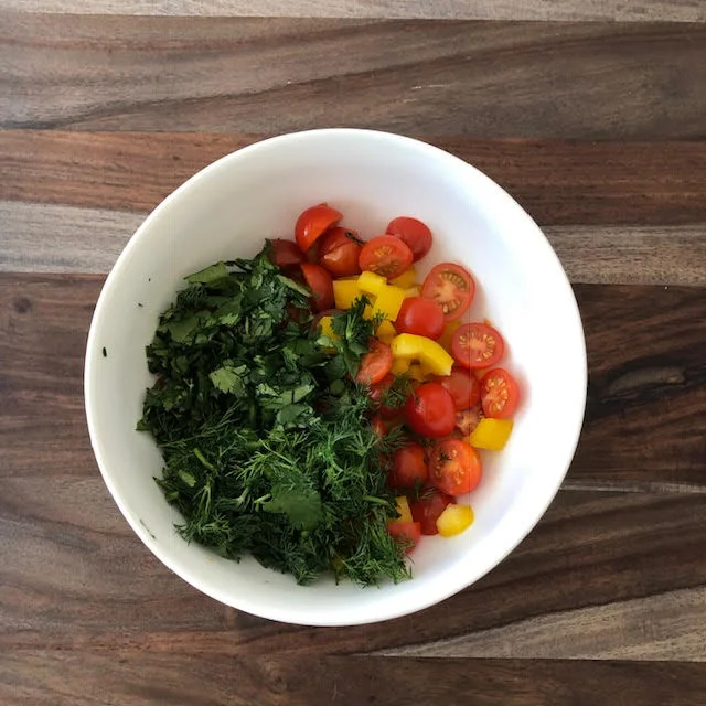 Step 2: Add your favorite herbs: I used fresh cilantro and dill. Cilantro is high in antioxidants, protects against heart disease, UTI’s and even rids the body of heavy metals. I also love adding finely chopped mint leaves.