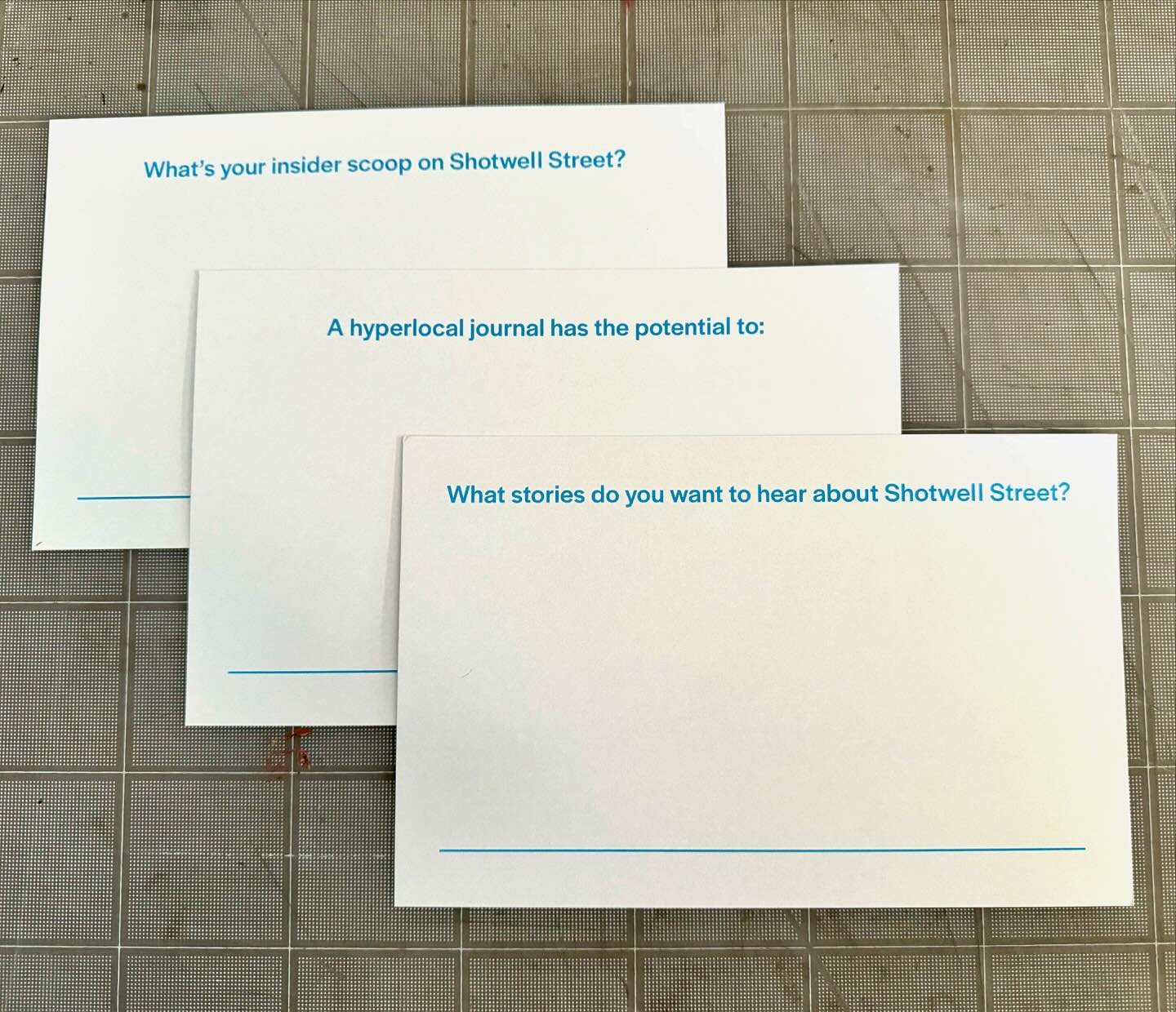 Prompts for tonight&rsquo;s project launch of SHOTWELL, a hyper-local, mixed-media journal capturing the life, loves and intrigue of one street. Come catch up with friends and share your ideas! 

Wednesday, October 9
6:00 - 8:30 pm
at StorefrontLab
3