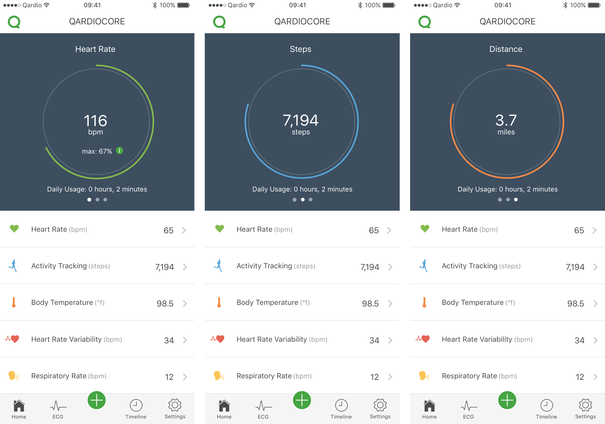 The dashboard allows the user to quickly track their overall health data. The user is then able to drill down into more detailed graph views. 