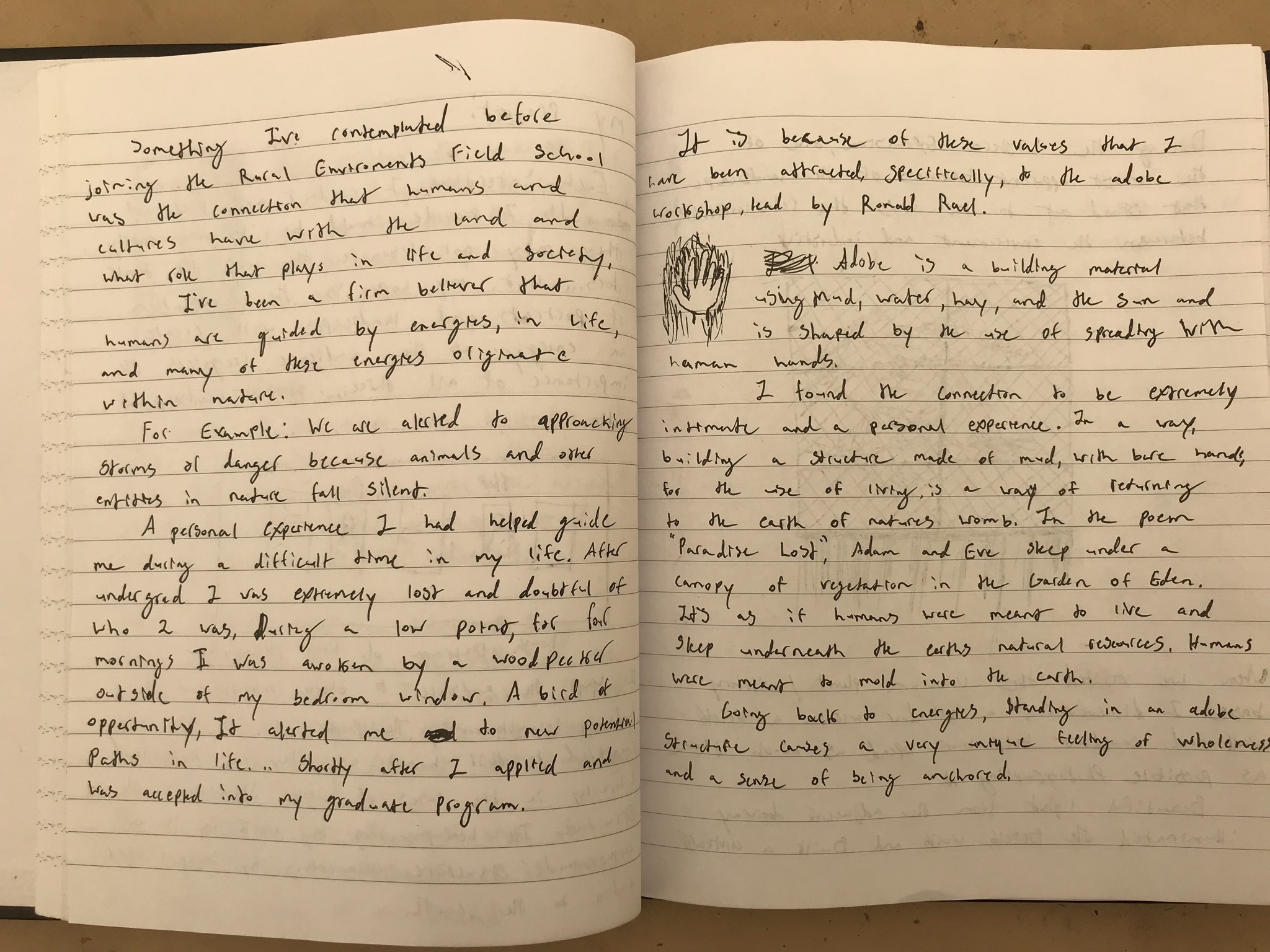 My personal experiences regarding interacting with nature and my connection to the Earth while building an adobe structure.