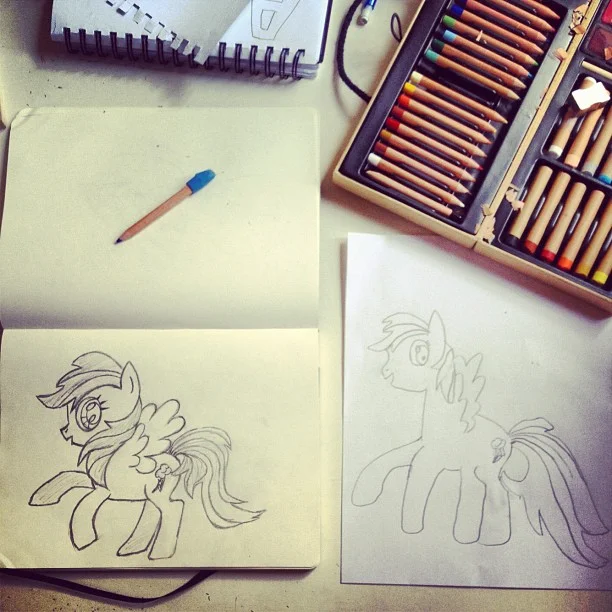 Her first Rainbow Dash. (right, age 7)