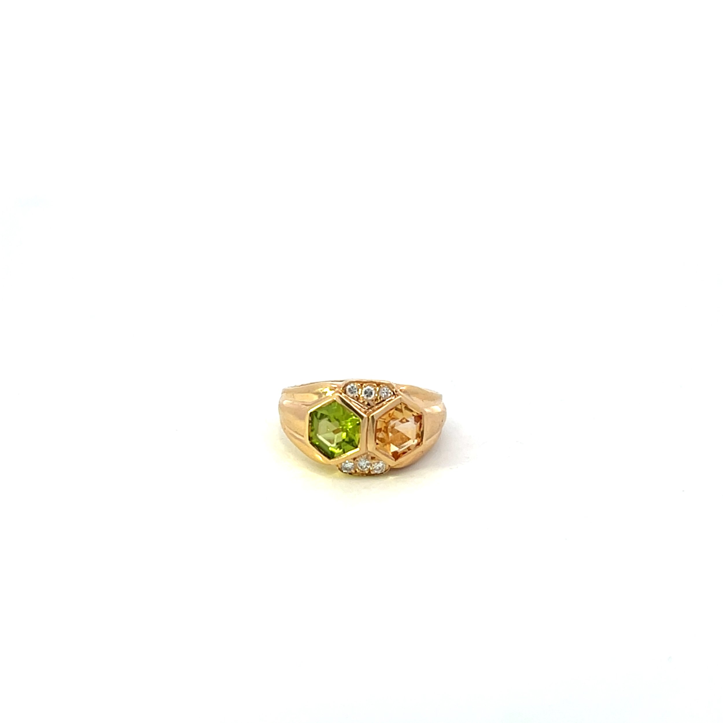 14kt Yellow Gold Hexagon Cocktail Ring with Peridot, Citrine & Diamonds