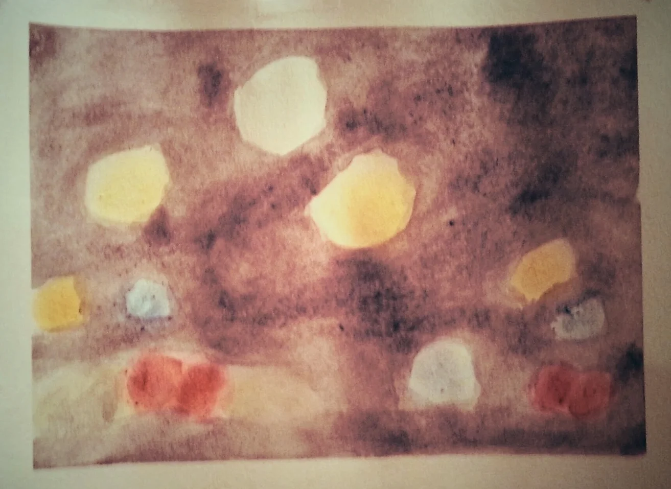 November, 2013 This is the first thing I ever painted. It was supposed to be a reproduction of a blurry picture I took one evening on a drive home, of car headlights/taillights on a bridge.